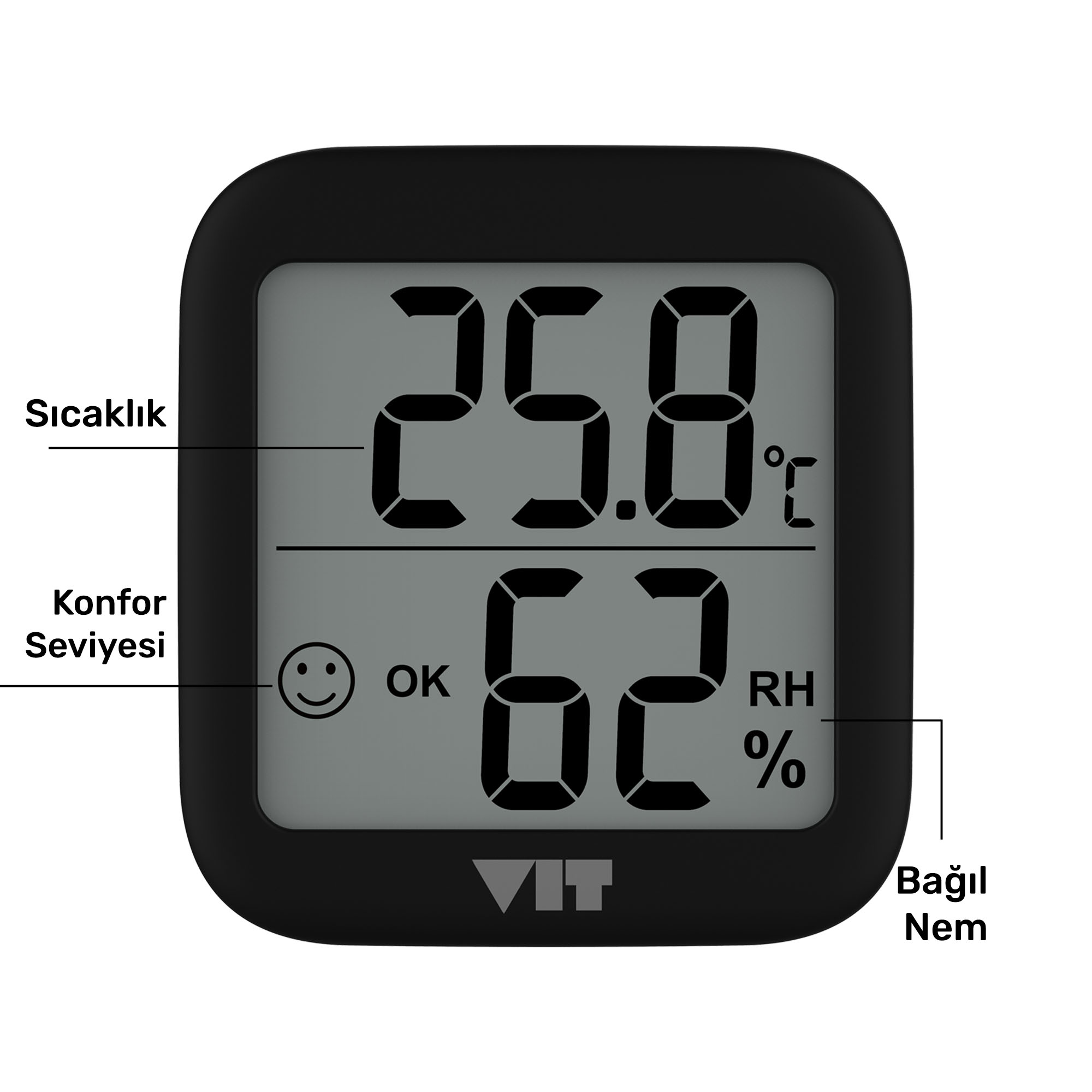 Dijital termometre 25.8°C ve %62 nem gösteriyor.