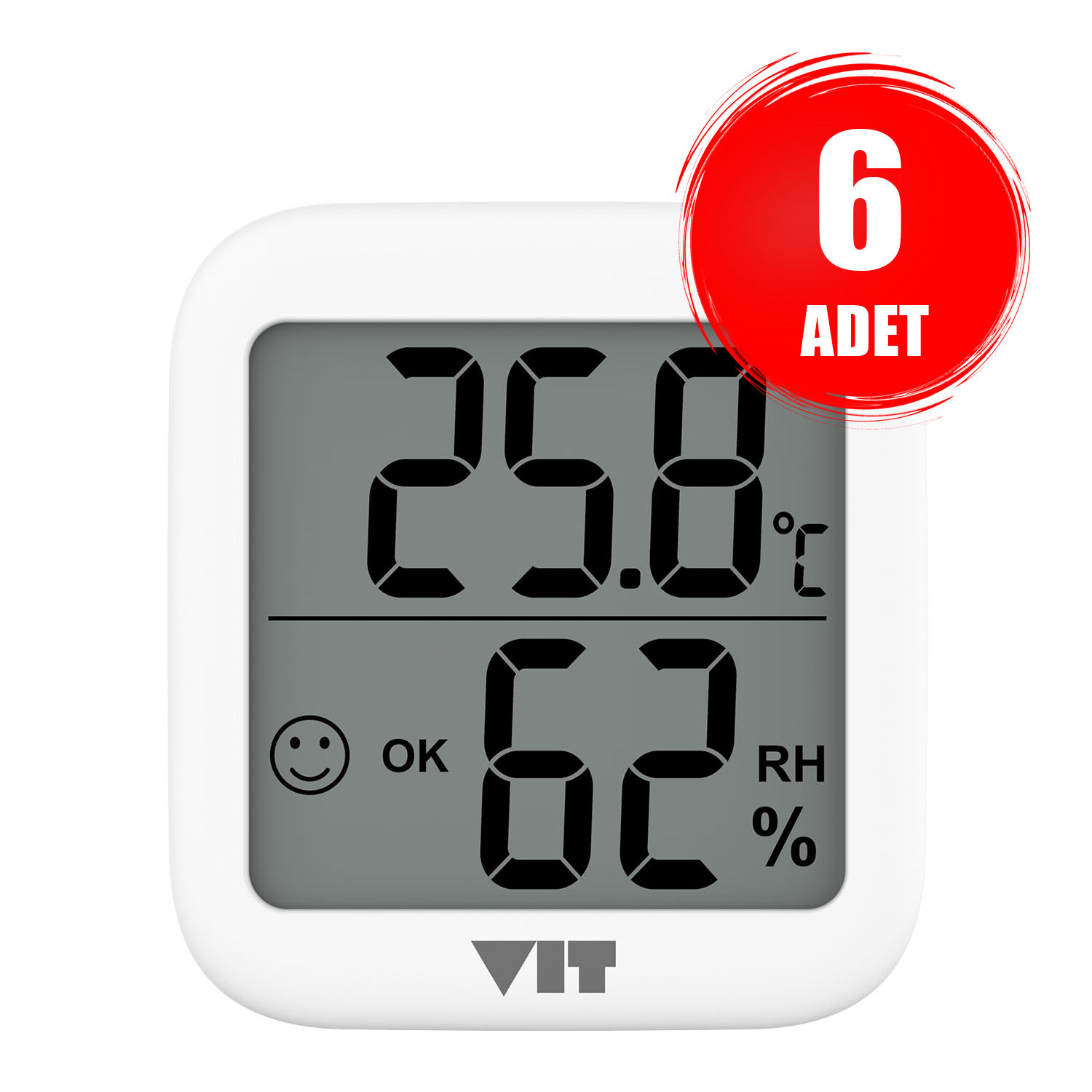 Beyaz dijital termometre 25,8°C ve %62 nem gösteriyor.