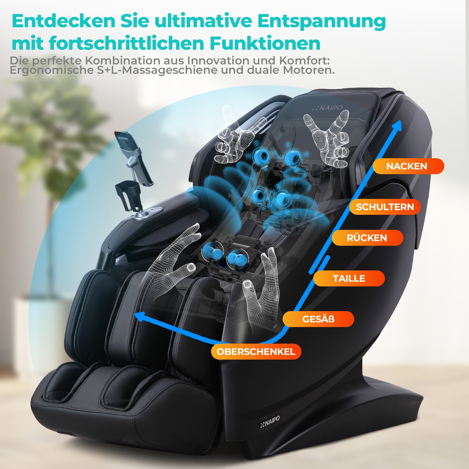 Ein schwarzer Massagesessel mit blauen Hervorhebungen, die Massagezonen zeigen.