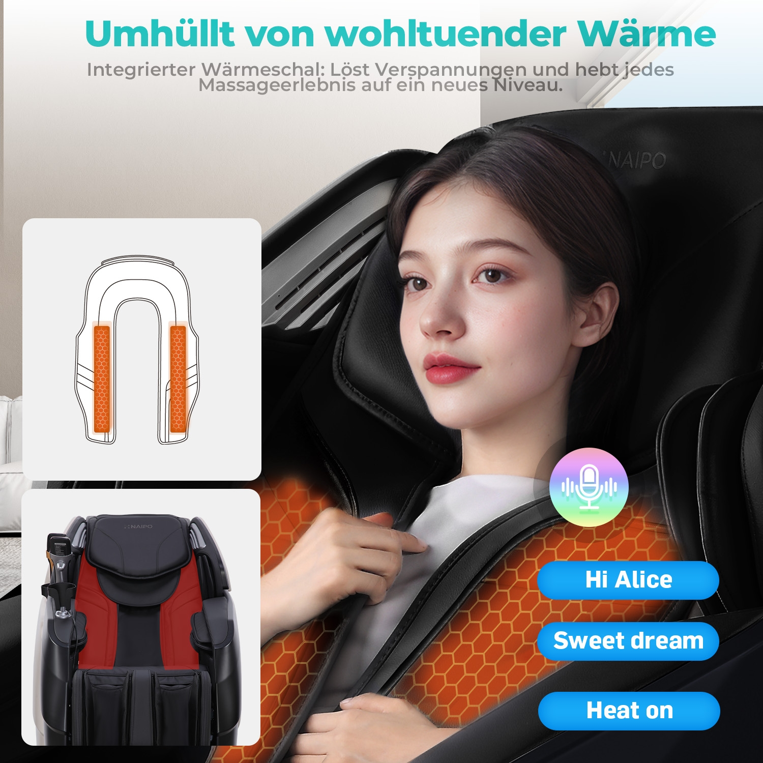Frau in einem Massagesessel mit Wärmeoptionen und Sprachsteuerung.