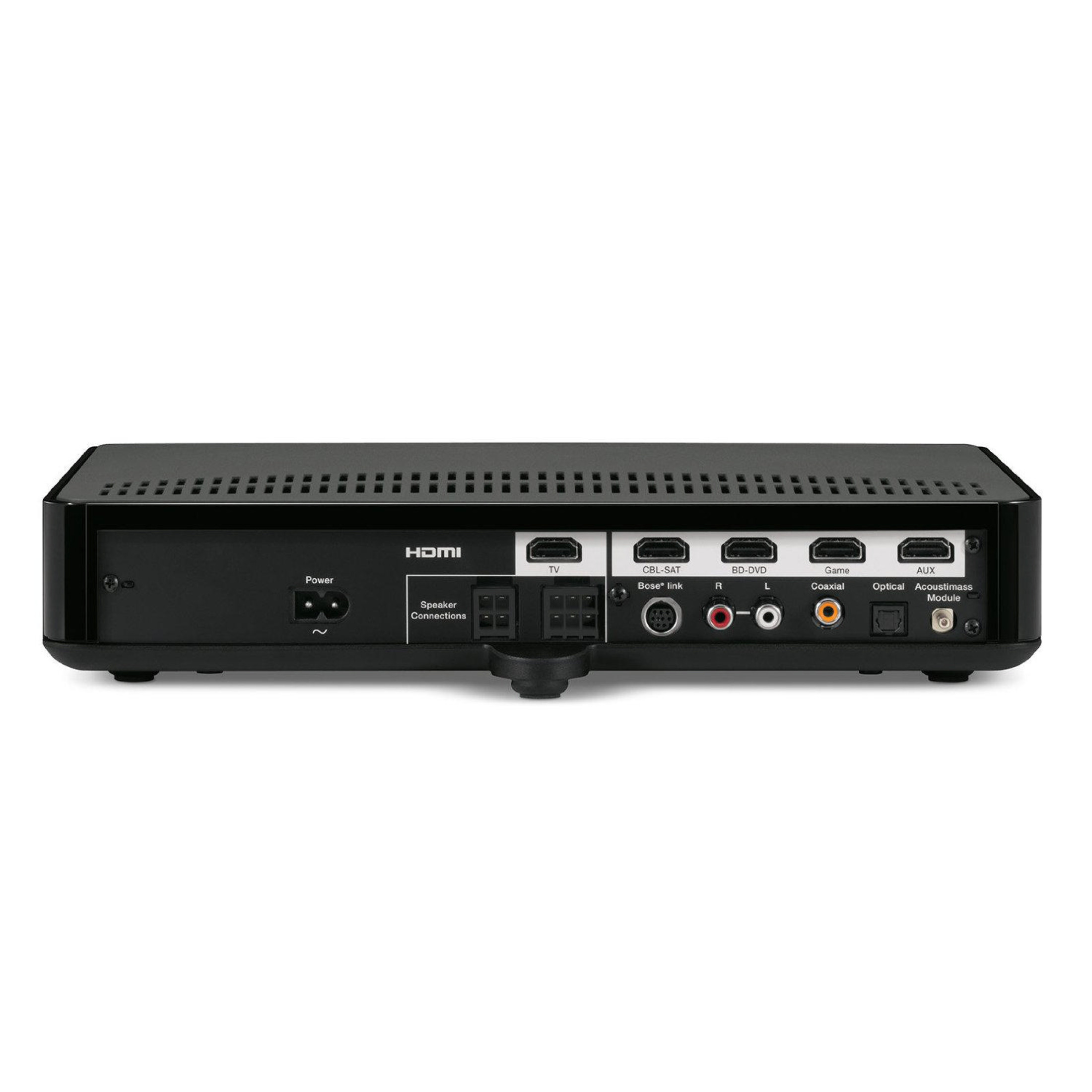 HDMI, TV, CBL-SAT, BD-DVD, Oyun, AUX bağlantı noktalarına sahip siyah bir elektronik cihazın arka görünümü.