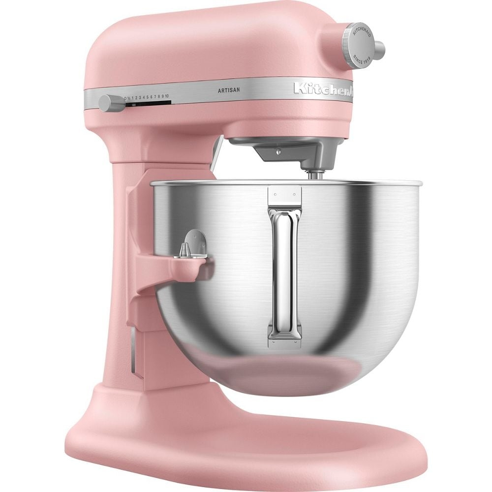 Ein rosafarbener KitchenAid-Standmixer mit Edelstahlschüssel und Geschwindigkeitsregler.