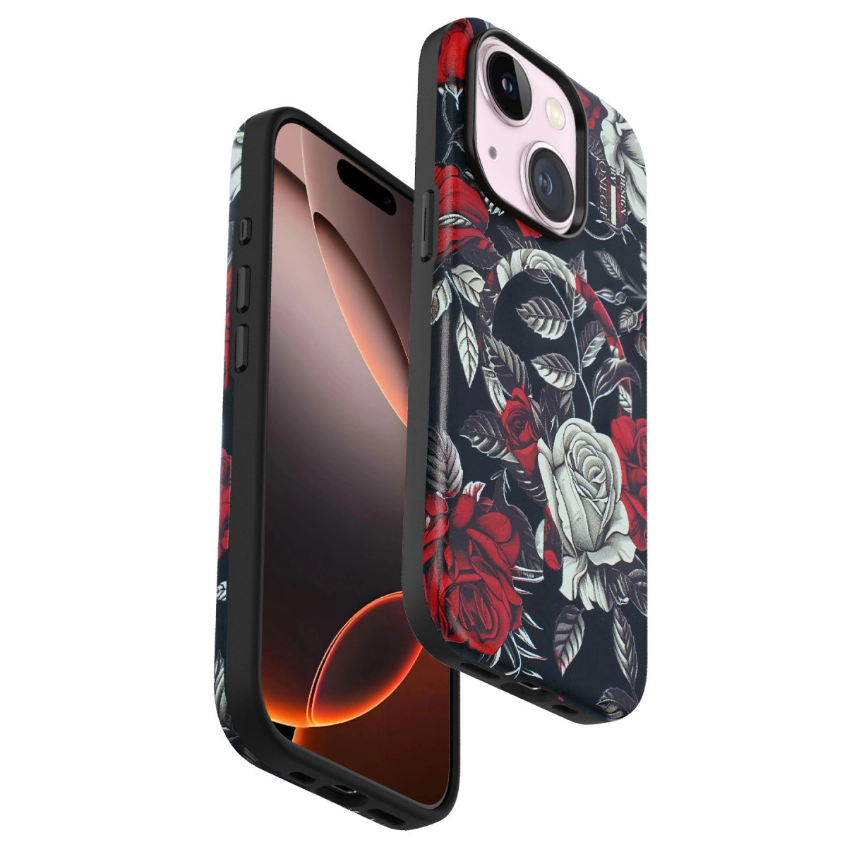 Kırmızı ve beyaz gül desenli siyah telefon kılıfı, beyaz arka plan üzerinde.