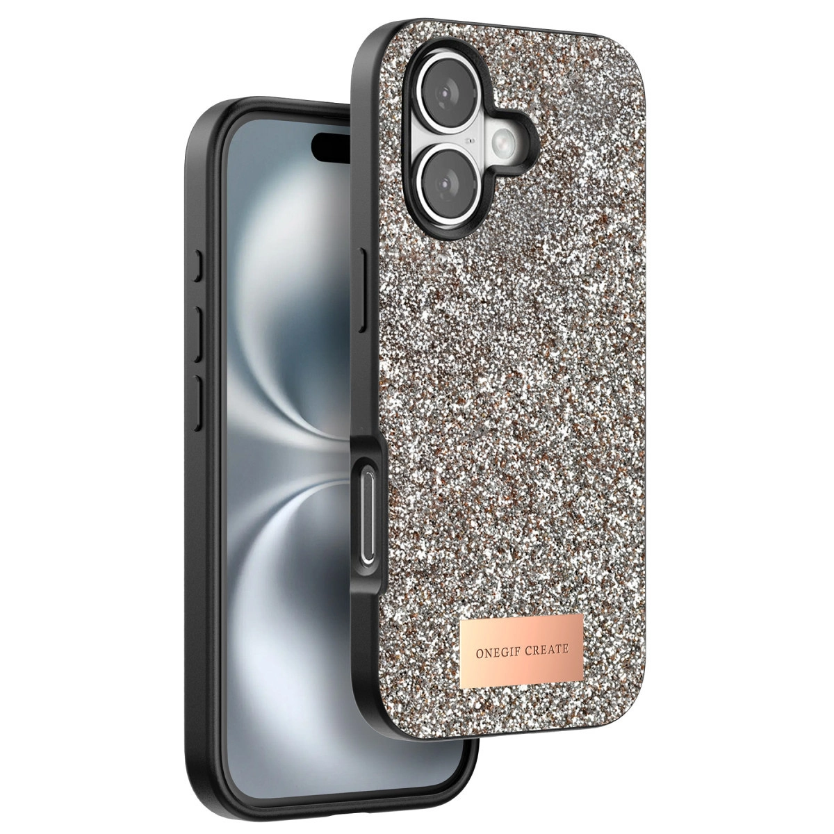 Kamera kesimli ve logolu parlak iPhone kılıfı.