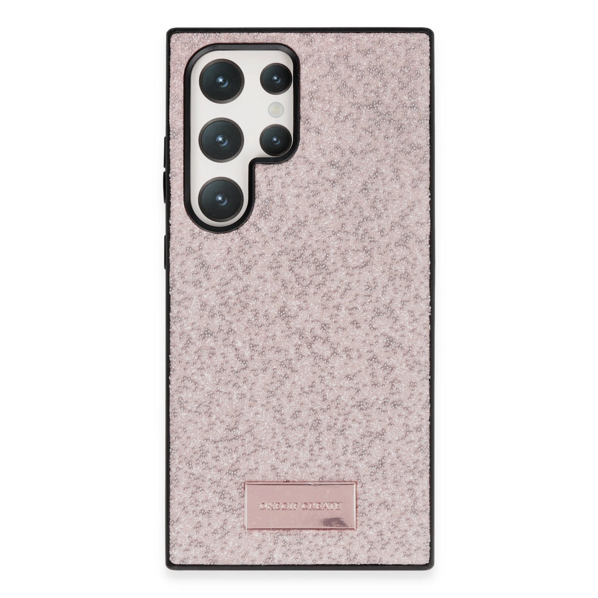 Kamera oyuntulu ve küçük metal logolu, gül altın rengi simli telefon kılıfı.