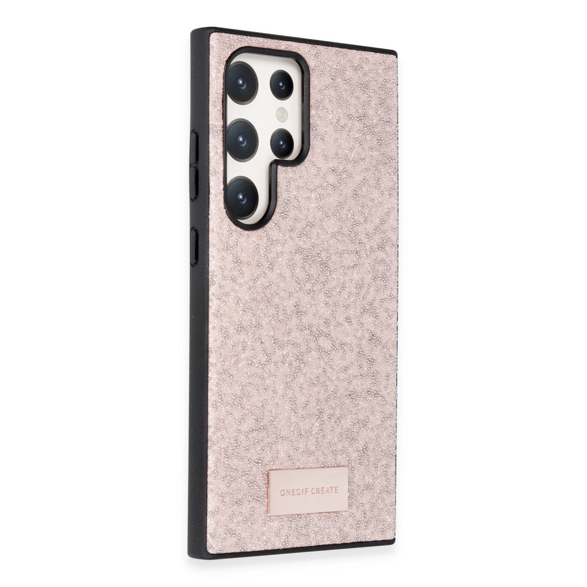 Altın rengi simli, kamera kesimli pembe telefon kılıfı.