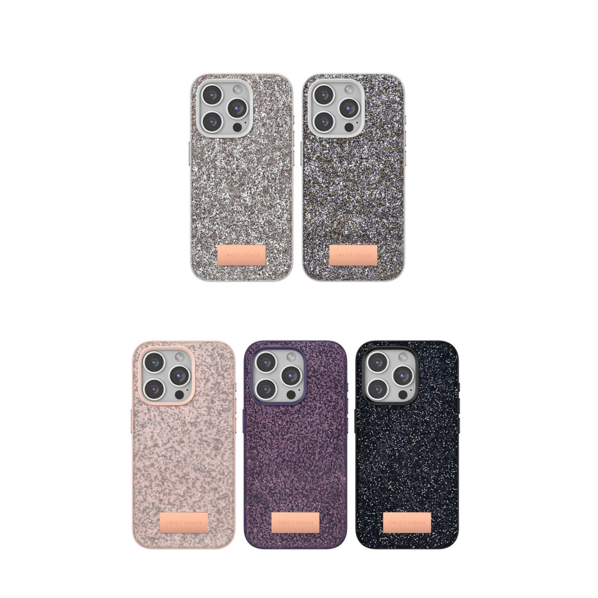 Gri, siyah, pembe, mor ve lacivert renklerde beş parlak telefon kılıfı.