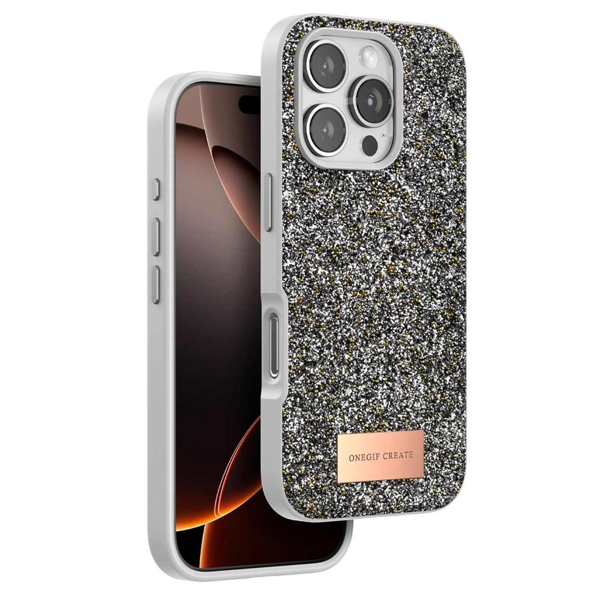 Üç kameralı ve logolu, parıltılı iPhone kılıfı.