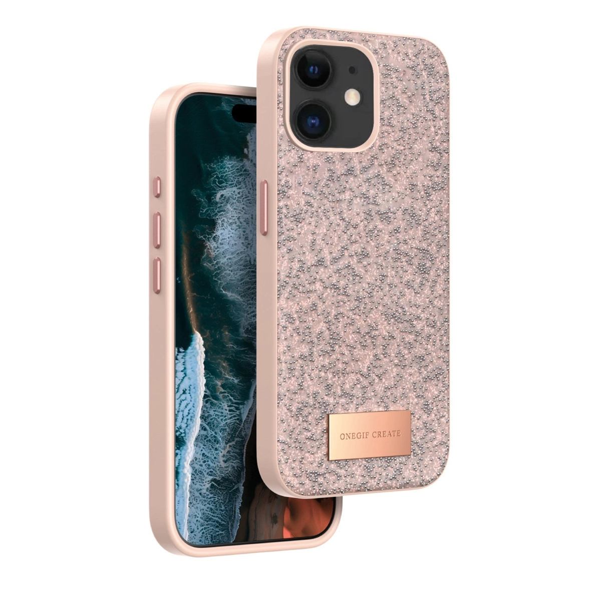Kameralı ve düğmeli, parlak kılıflı pembe bir telefon.