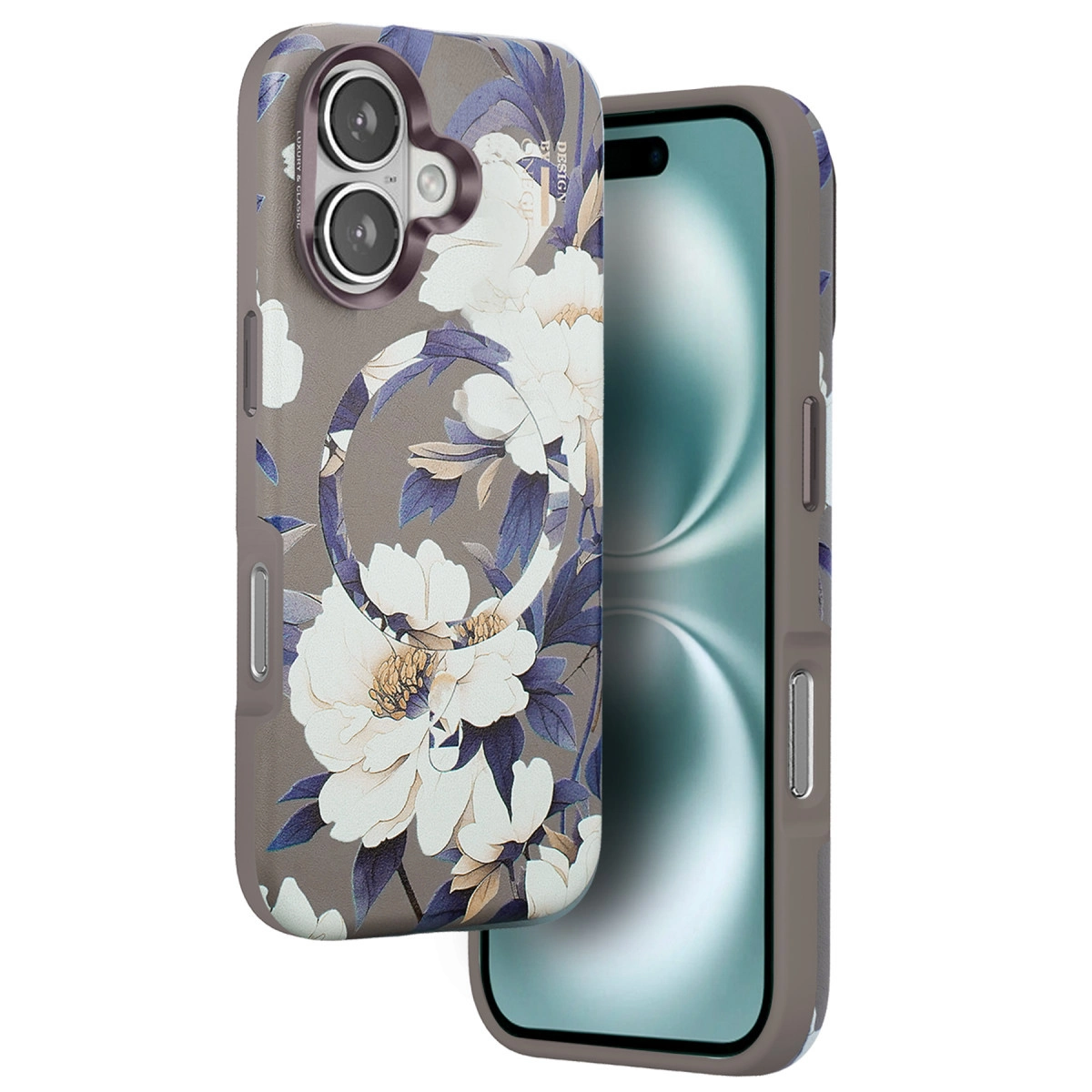Gri telefon kılıfı, beyaz ve mavi çiçek desenli ve kamera yuvalı.