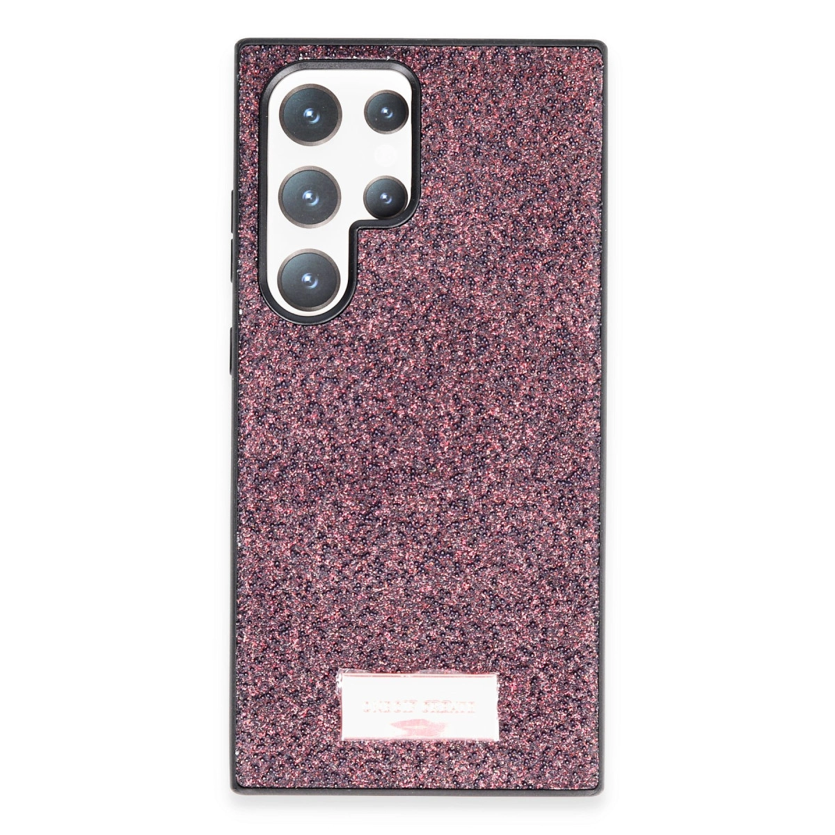 Rose gold simli telefon kılıfı, kamera çıkıntısı ve alt kısımda logo.