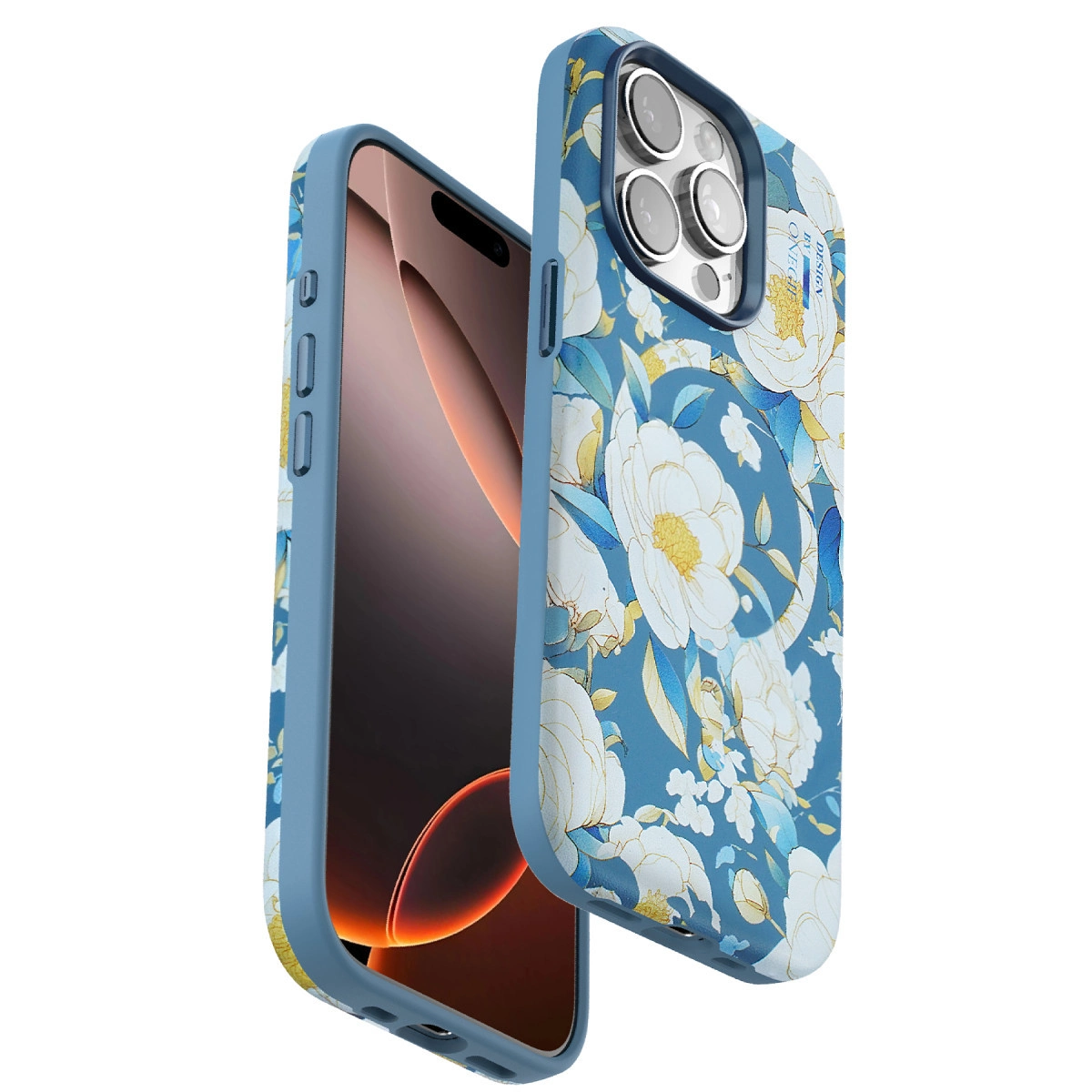 Akıllı telefonu çevreleyen mavi çiçek desenli telefon kılıfı.