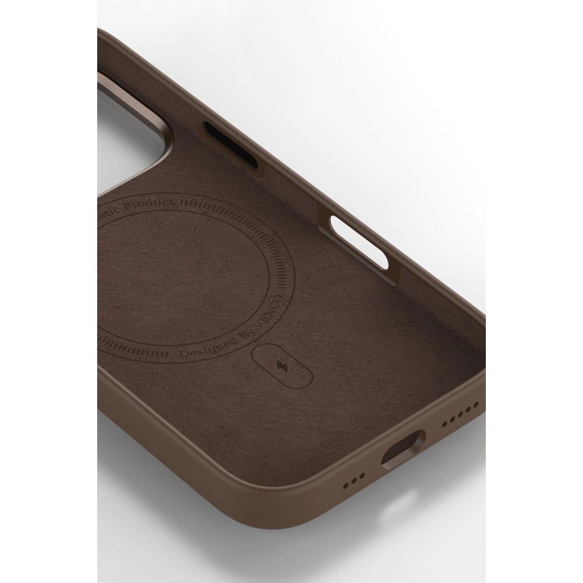 MagSafe halkalı ve "Designed by Venco" yazılı kahverengi telefon kılıfı.