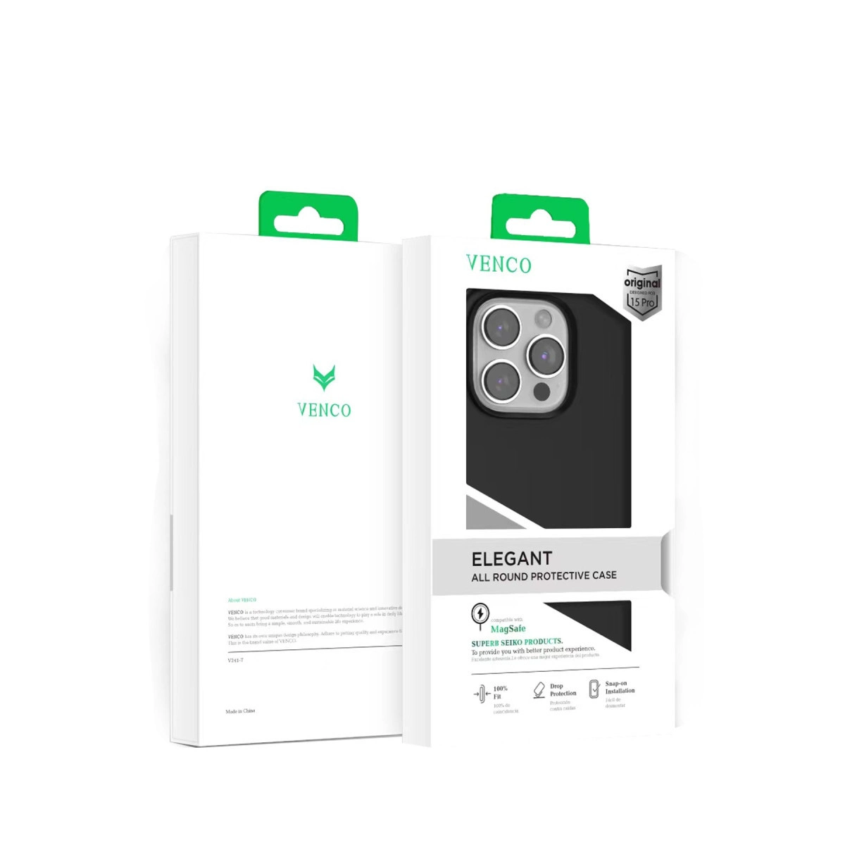 Beyaz arka plan üzerinde iki VENCO iPhone kılıf kutusu. Biri kamera açıklığını gösteriyor.