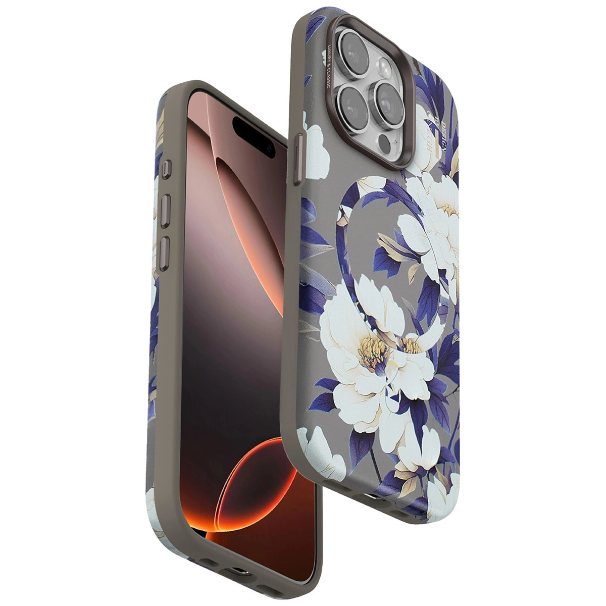 Beyaz ve mavi çiçek desenli gri telefon kılıfı, arkada iPhone.