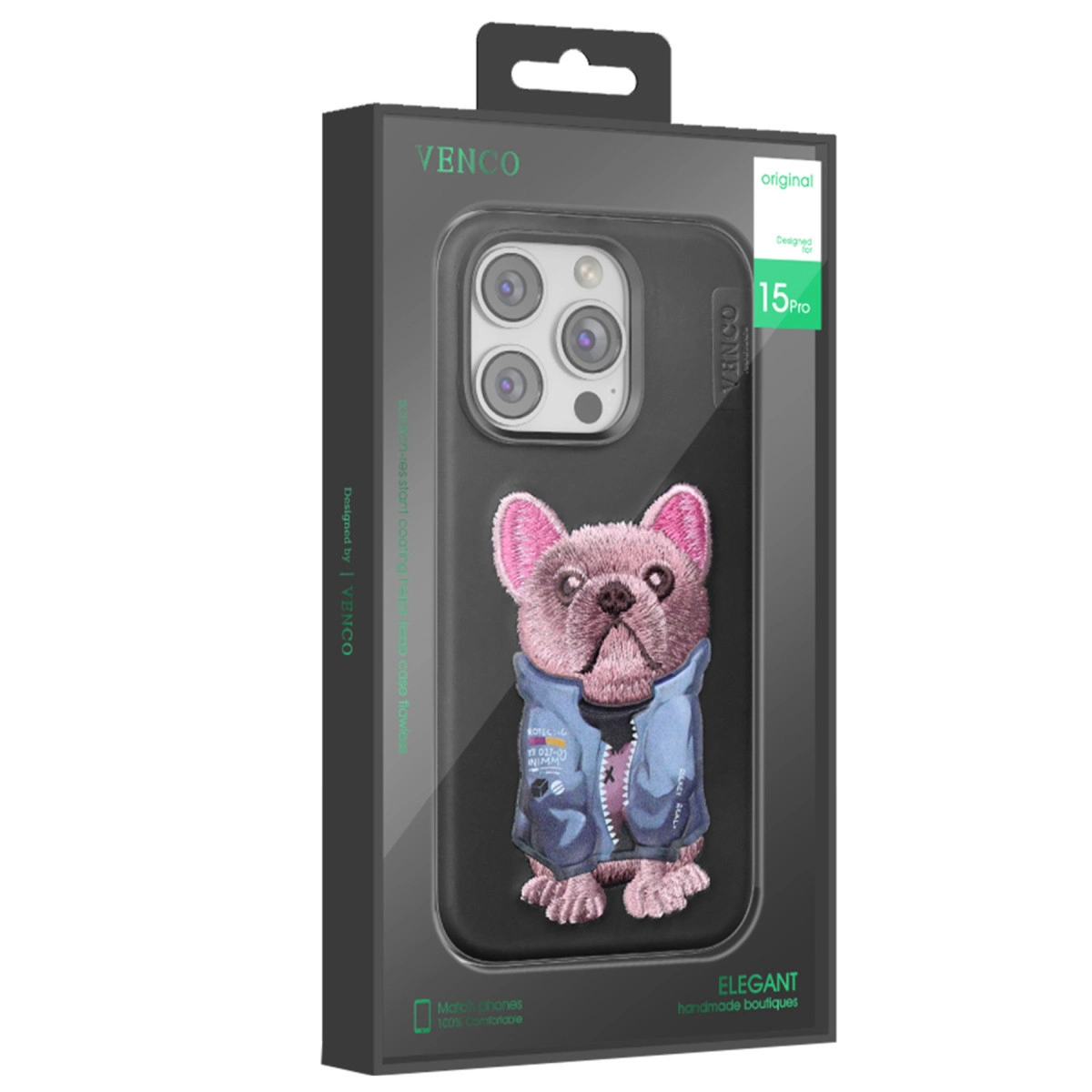 VENCO iPhone 15 Pro kılıfı, mavi ceketli işlemeli Fransız bulldog.