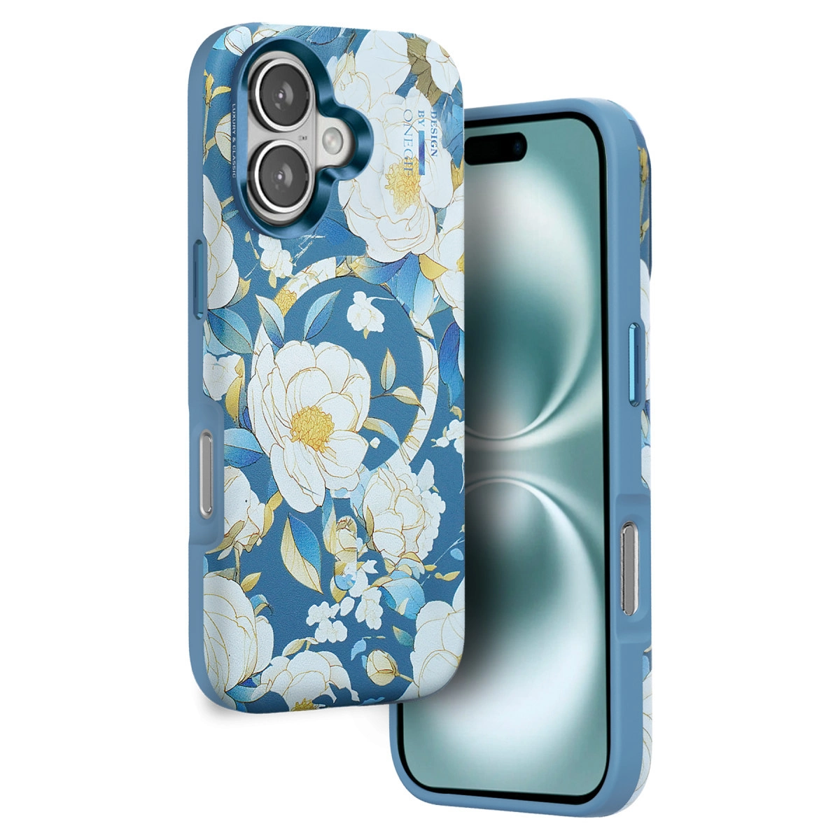 Beyaz çiçek desenli mavi telefon kılıfı, telefonun yanında.