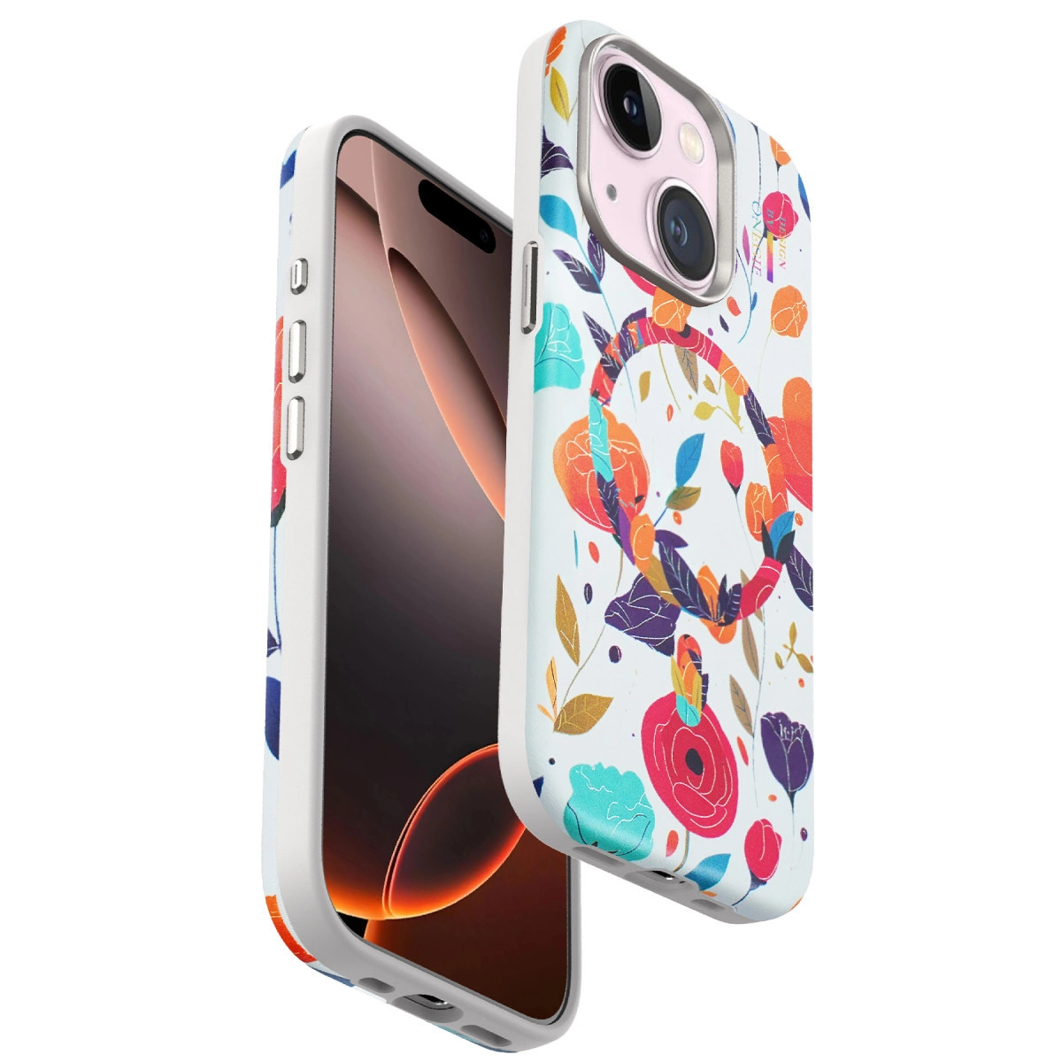 Renkli çiçek desenli kılıflı beyaz iPhone ve kamera.