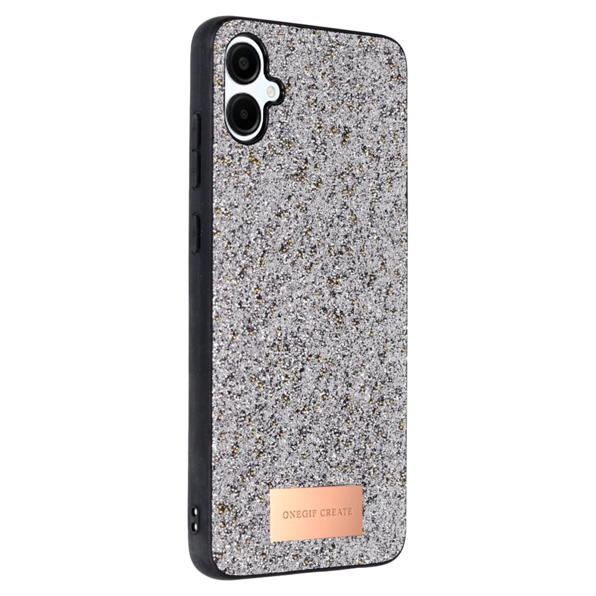 Parlak parçacıklı gümüş telefon kılıfı, iki kamera lensi.
