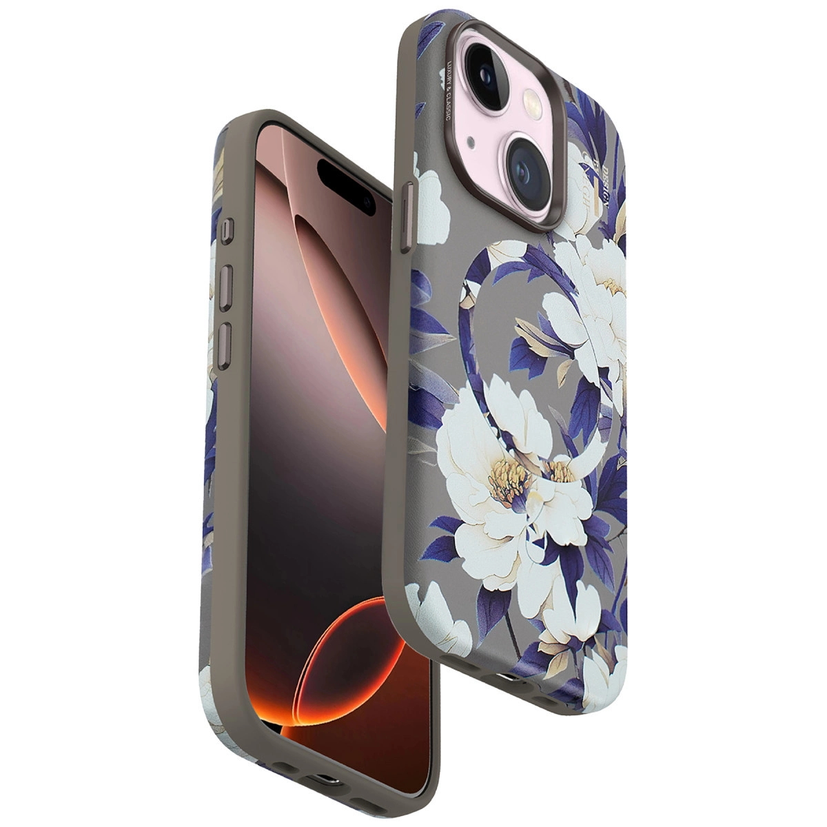 Beyaz ve mavi çiçek desenli gri telefon kılıfı.
