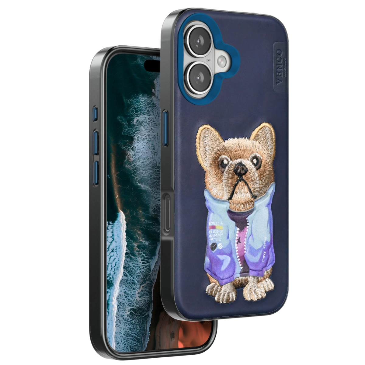 Köpek işlemeli lacivert telefon kılıfı ve okyanus dalgası duvar kağıdı.