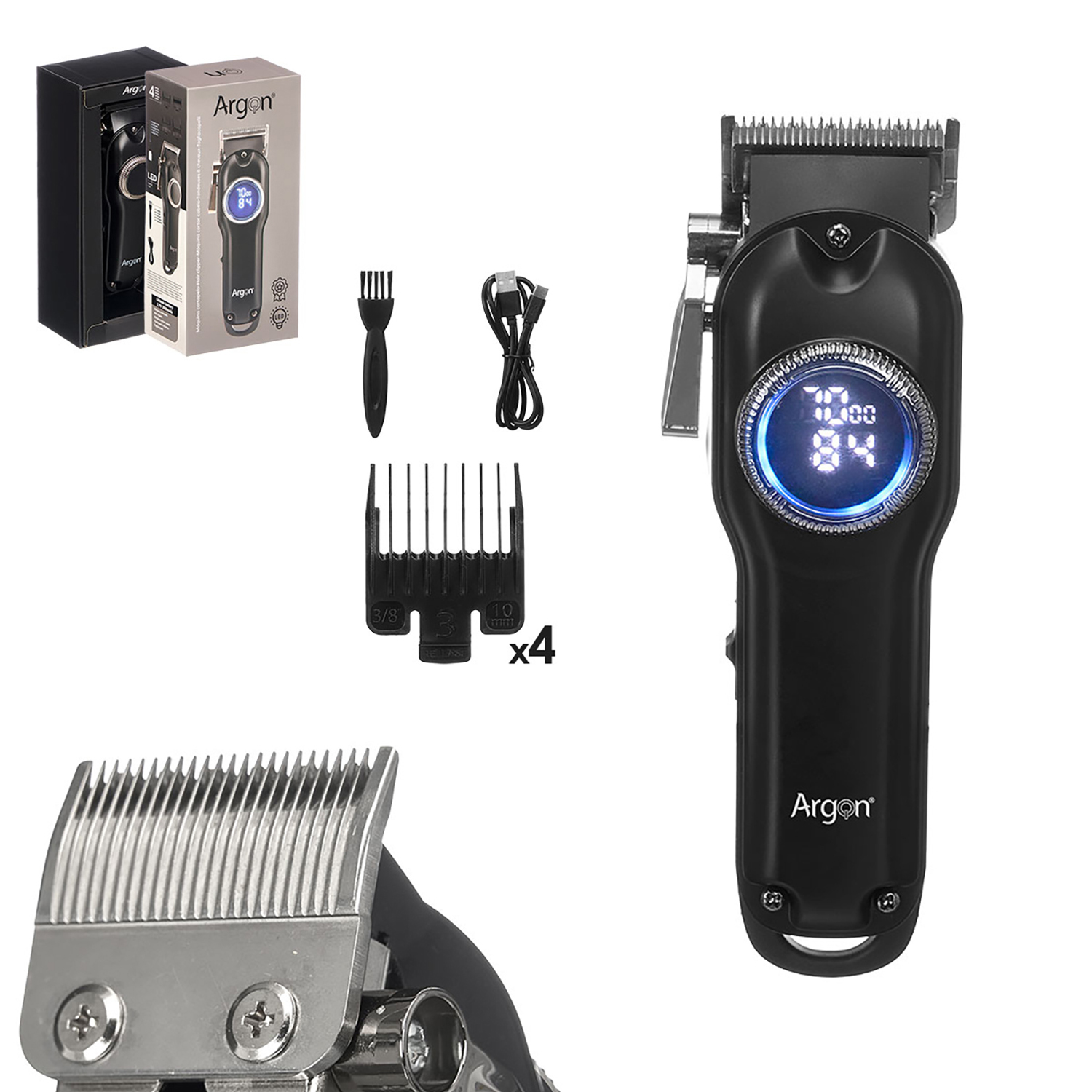 Ein schwarzer Haarschneider mit digitaler Anzeige, Kämmen und Zubehör.