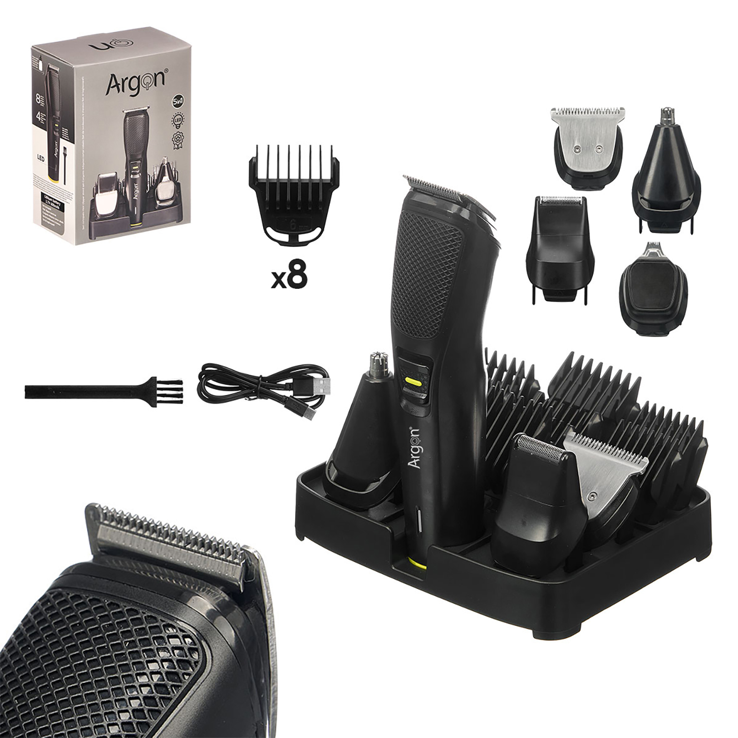 Ein schwarzer Haarschneider-Set mit Aufsätzen, Ladestation, Bürste und Kabel.