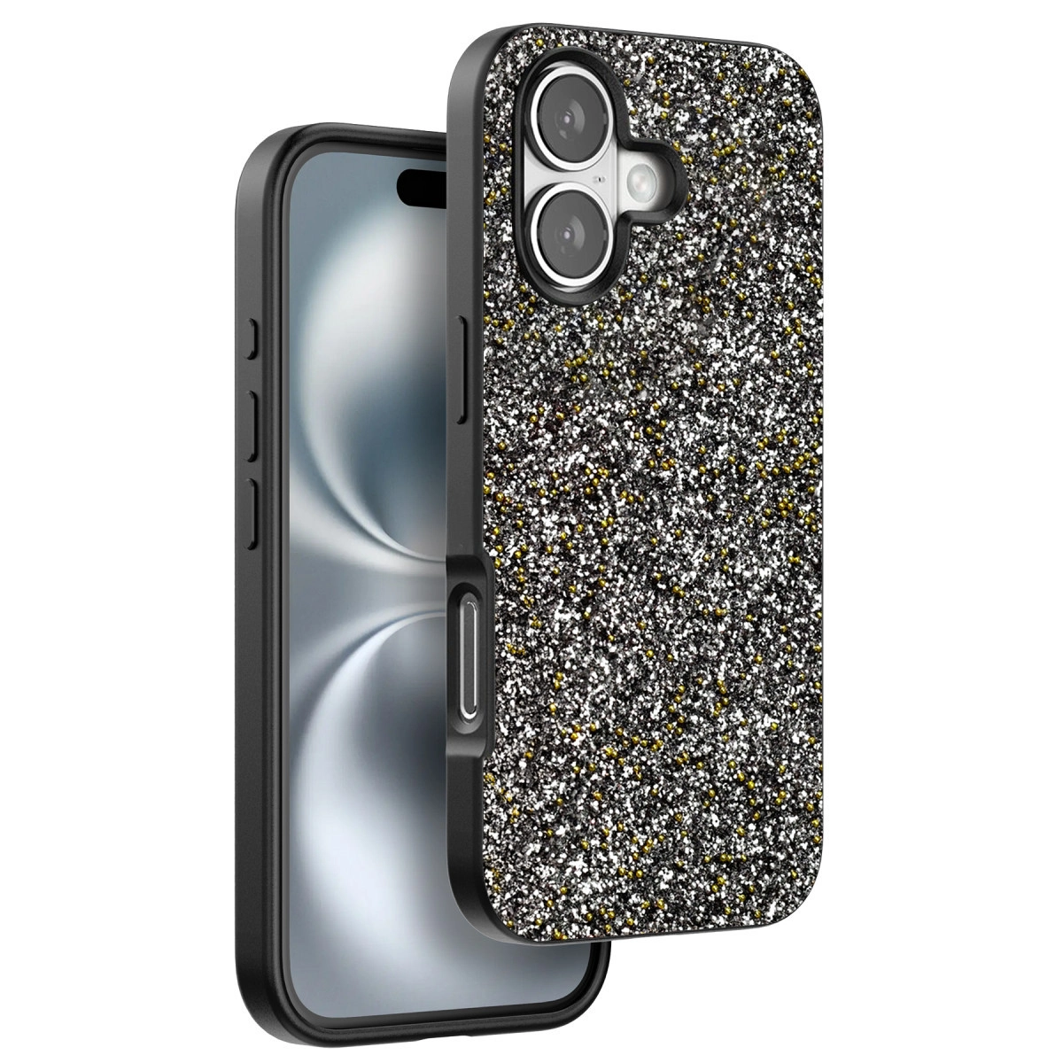 Siyah ve altın sim detaylı, ışıltılı iPhone kılıfı.