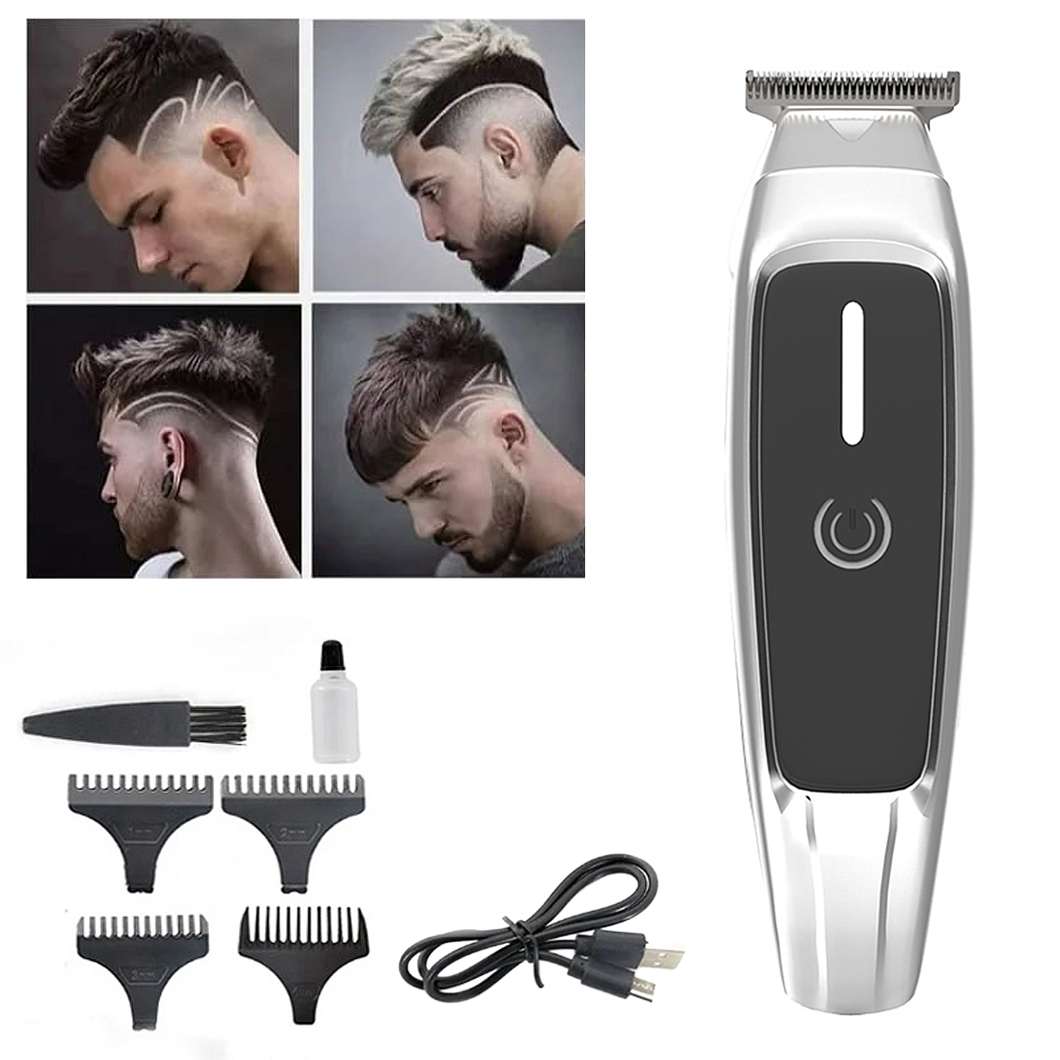 Ein Trimmer mit Zubehör und vier Frisuren von Männern mit Designs.