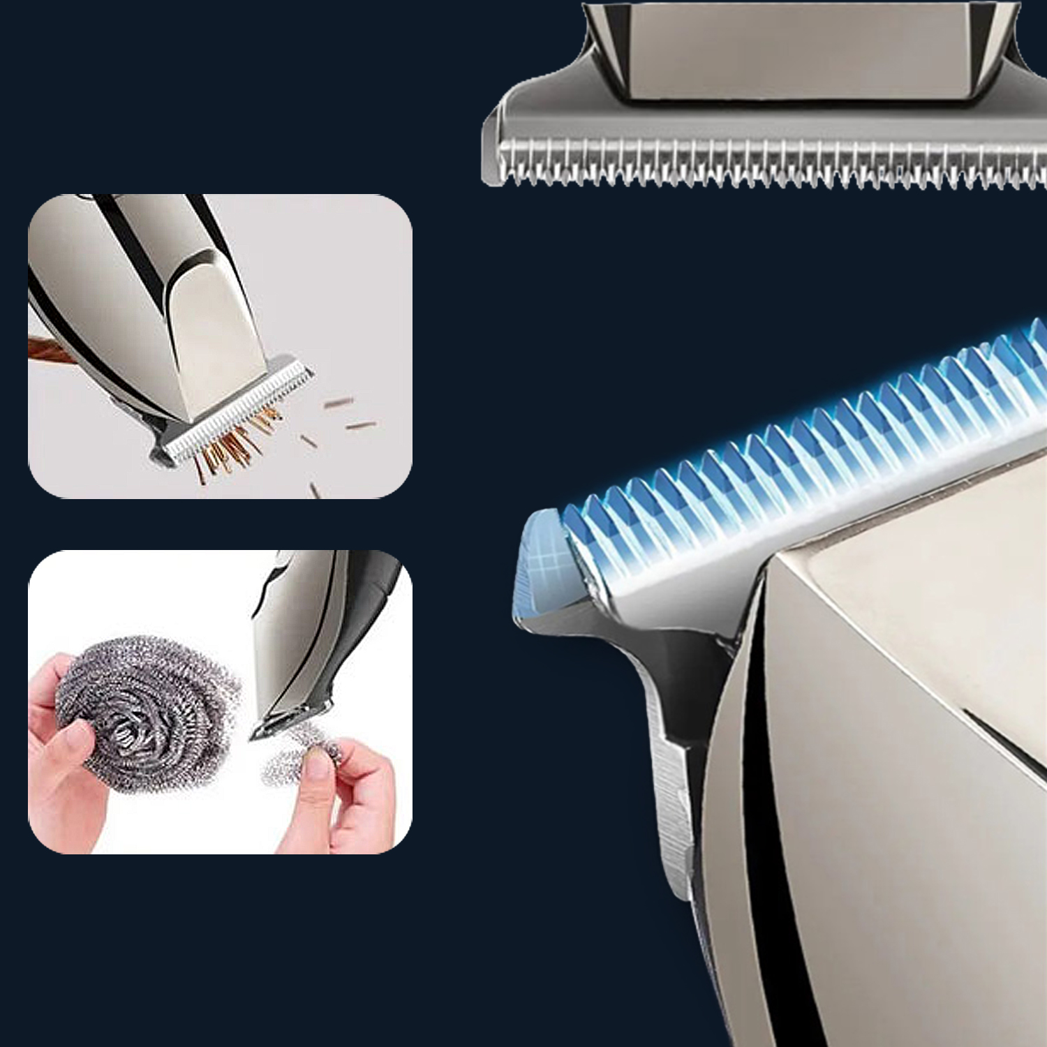 Nahaufnahme eines Trimmers mit blauen LEDs, der Haare und Drahtschaber schneidet.