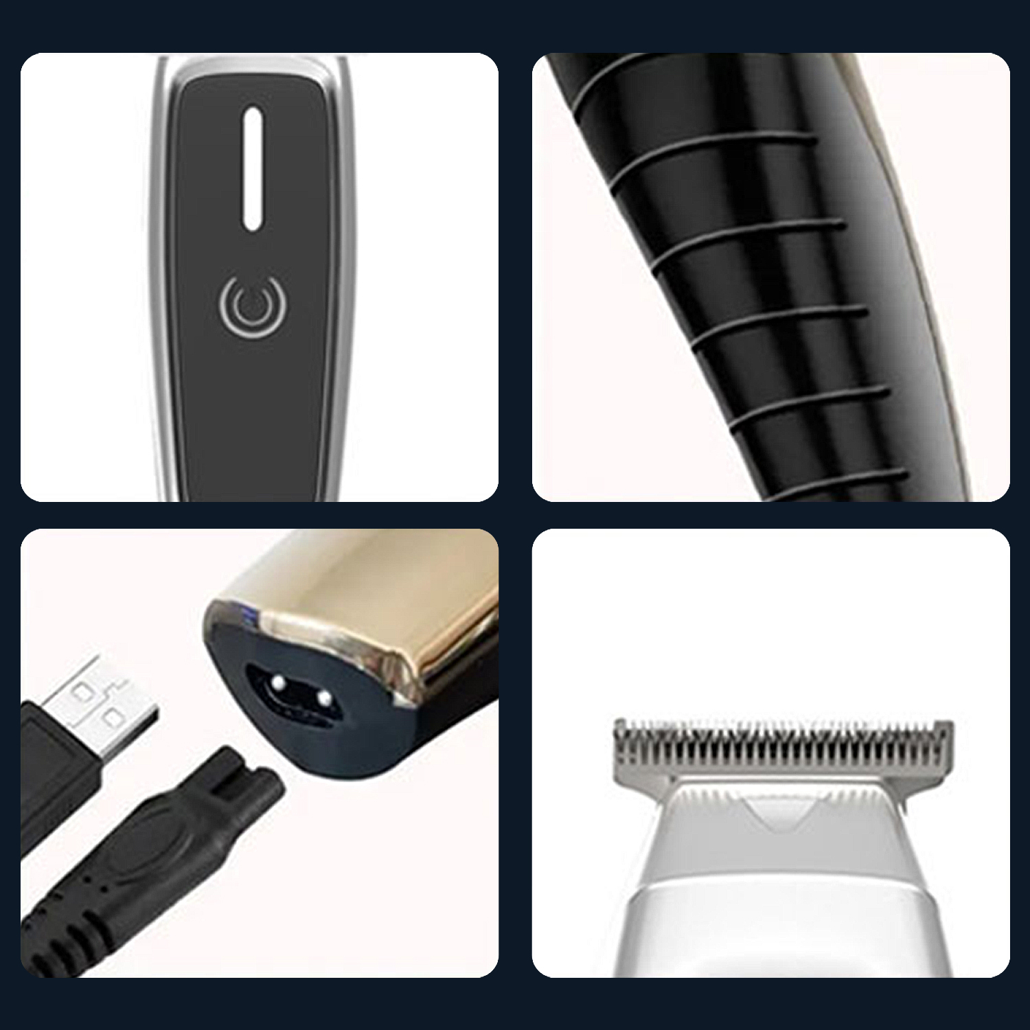 Nahaufnahme eines Haarschneiders mit Ladeanschluss, USB-Kabel und Klingeneinheit.
