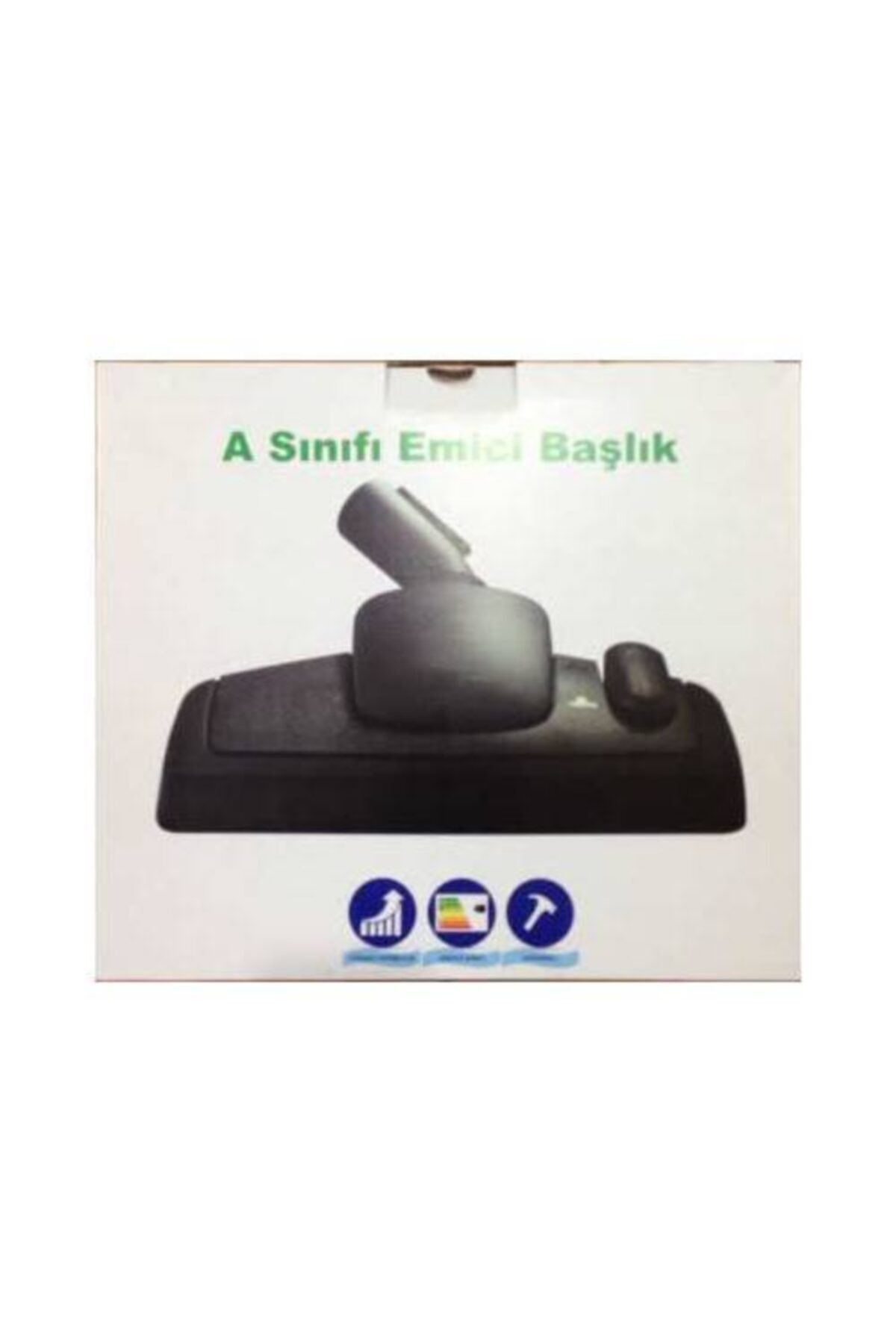 Siyah elektrikli süpürge başlığı, saplı ve altında üç simge.