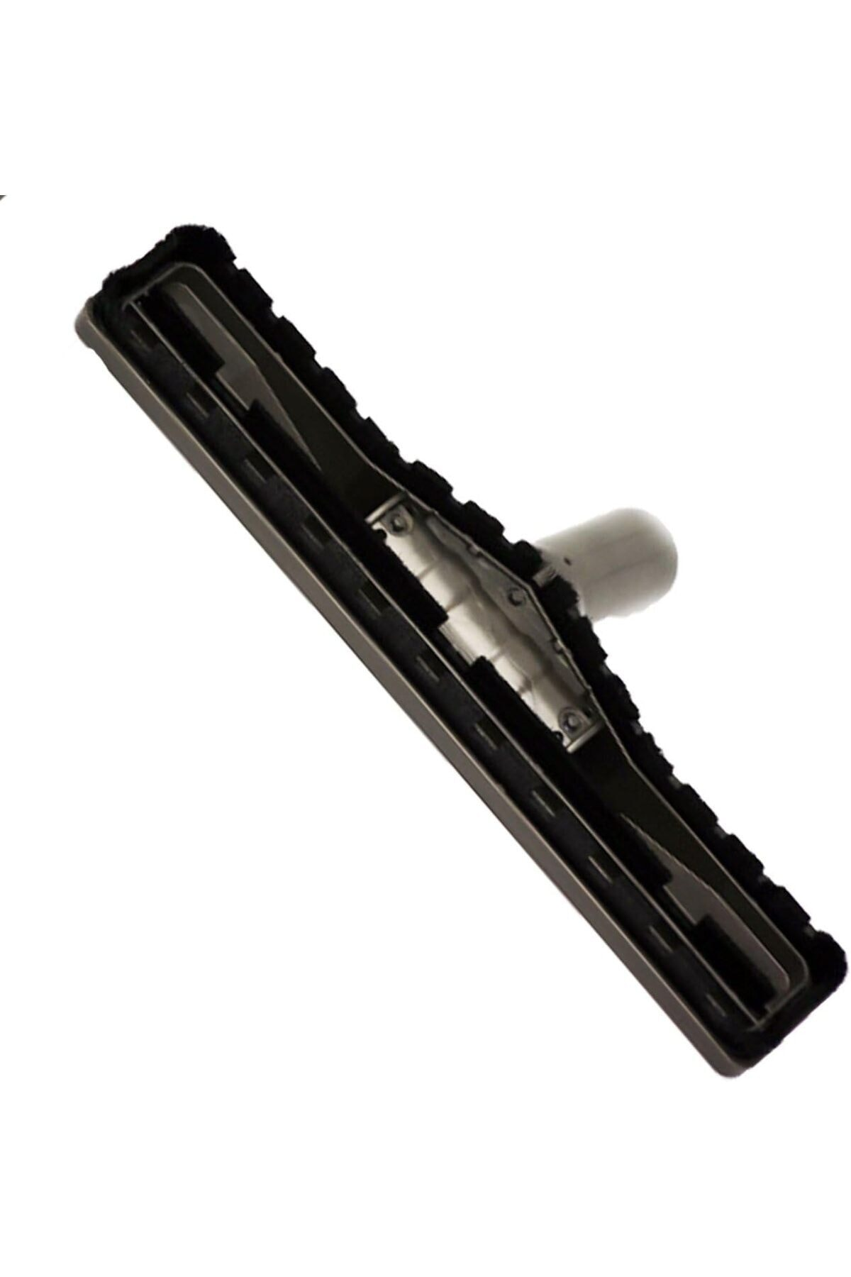 Metal bağlantılı, lastik ve fırça kenarlı gri silecek başlığı.