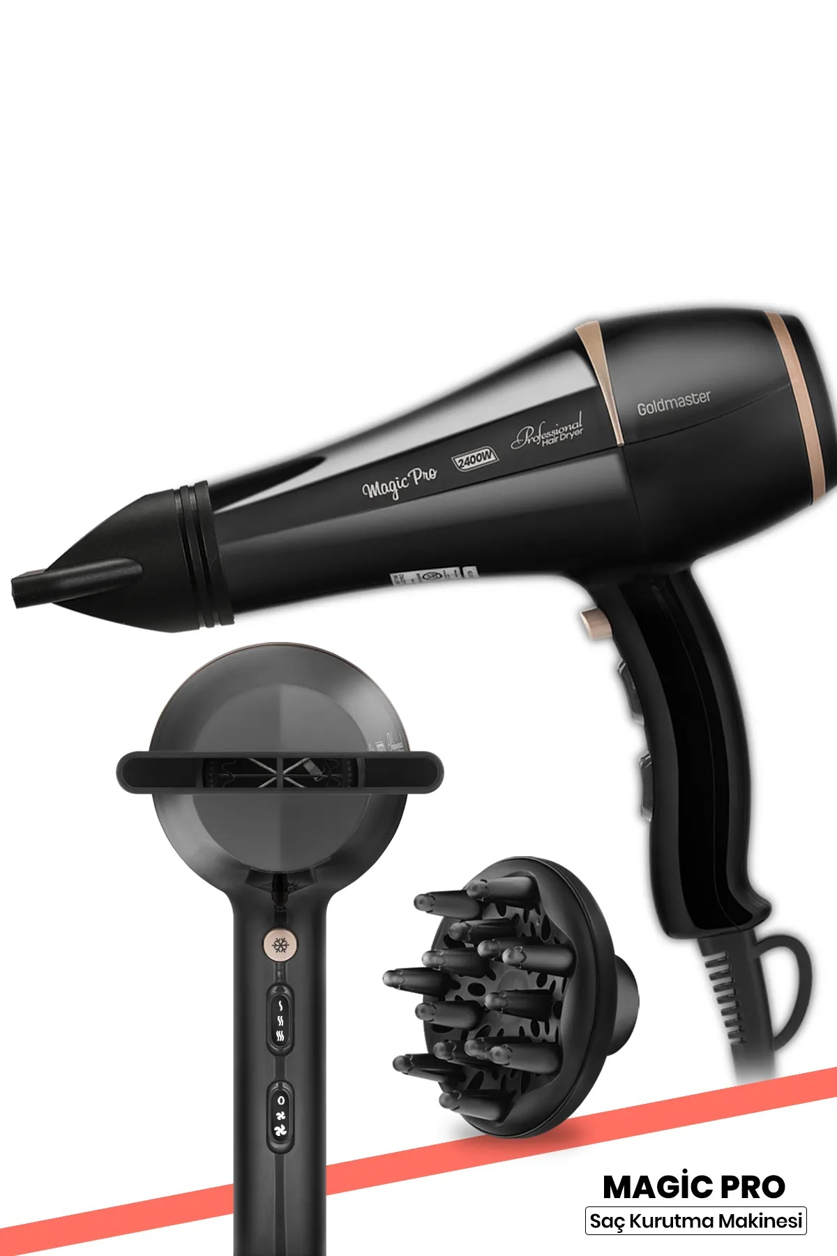 GOLDMASTER Magic Pro  Ac MotorProfesyonel 6 x 78 mm Kuaför 2400 W Saç Kurutma Ve Fön Makinesi Siyah