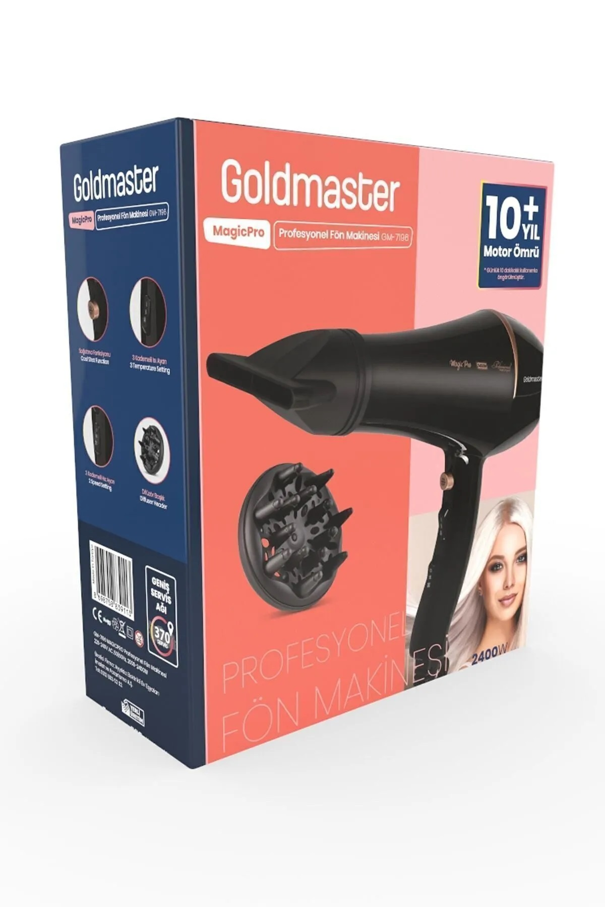 Goldmaster saç kurutma makinesi kutusu, kurutucu, difüzör ve kadın.