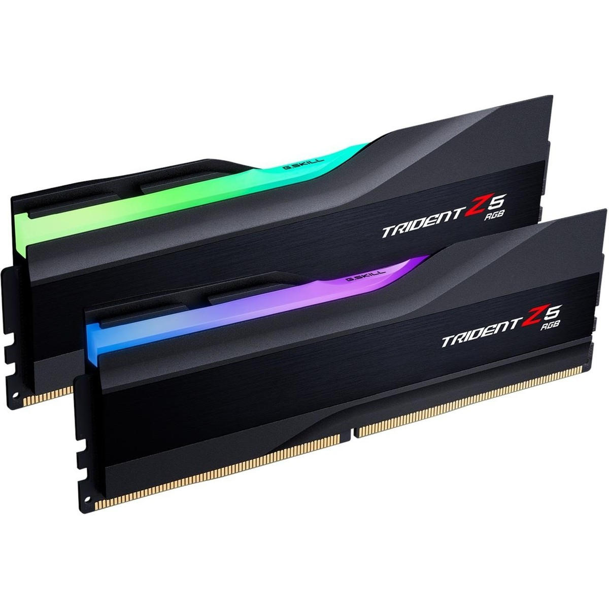 Işıklı çubuklara sahip iki siyah G.Skill Trident Z5 RGB RAM modülü.