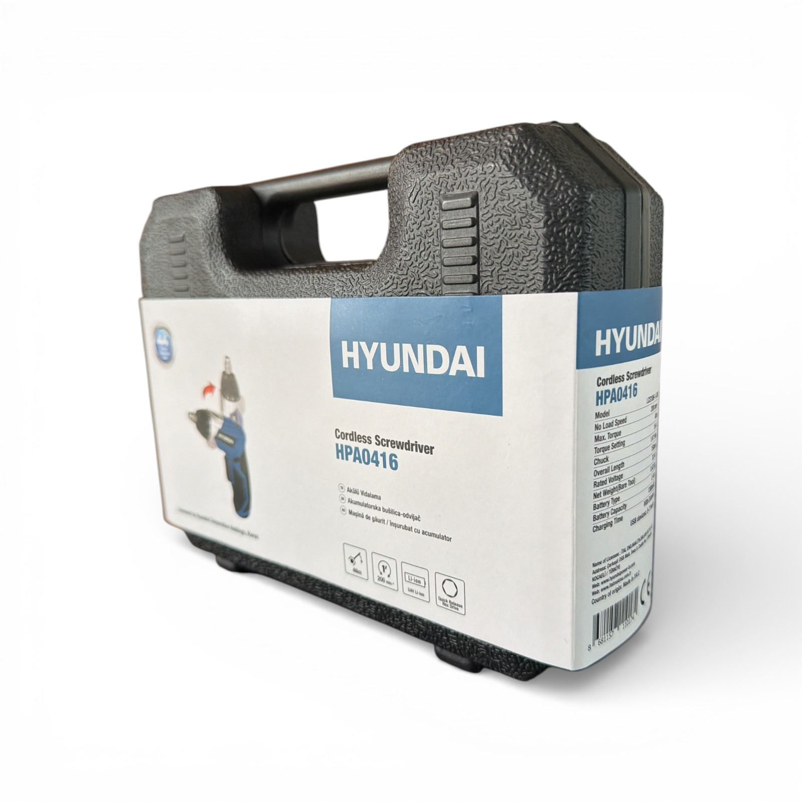Hyundai HPA0416 akülü vidalama siyah kutuda ürün bilgileriyle birlikte.