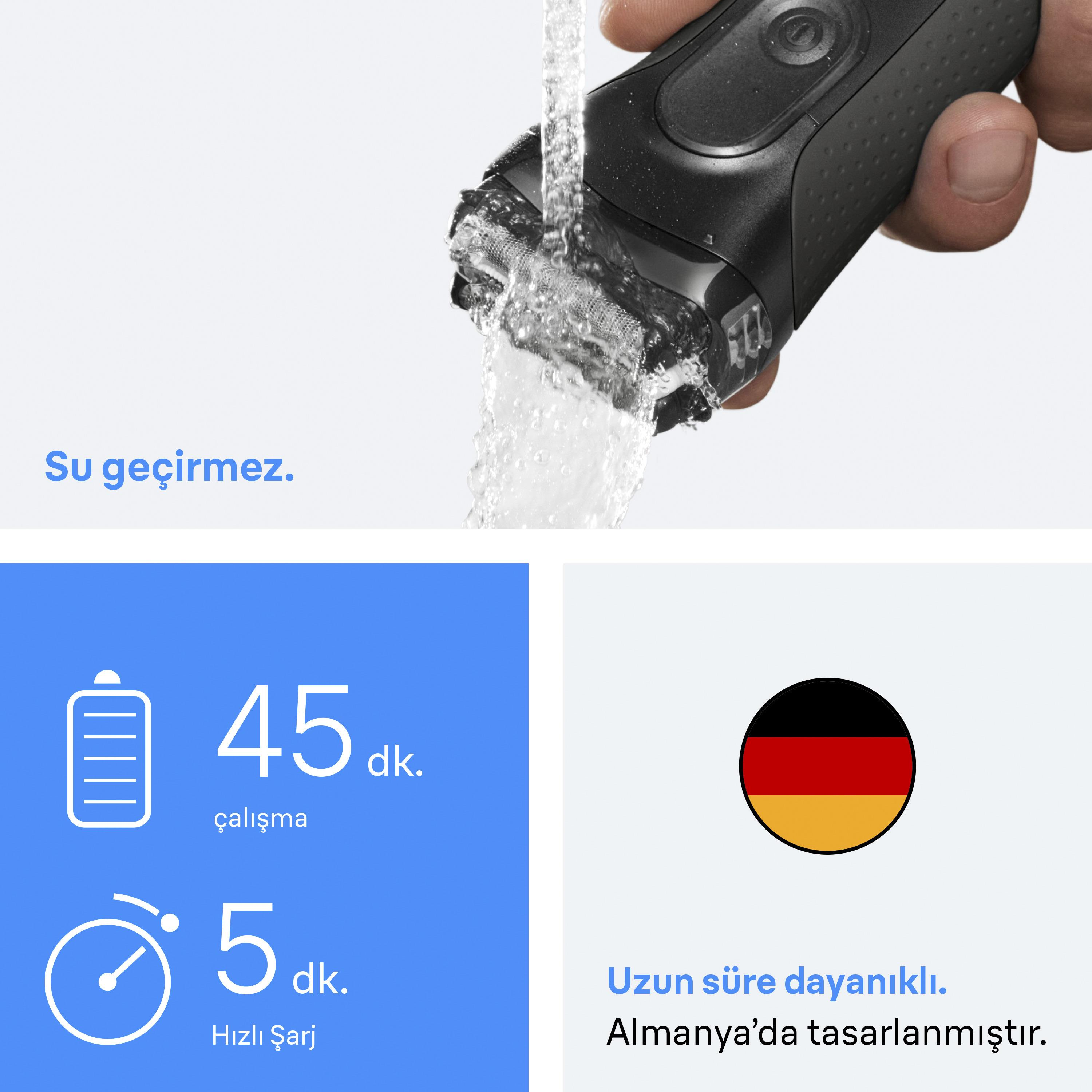 Wasserdichter Rasierer, 45 Min. Laufzeit, 5 Min. Schnellladung. In Deutschland entworfen.