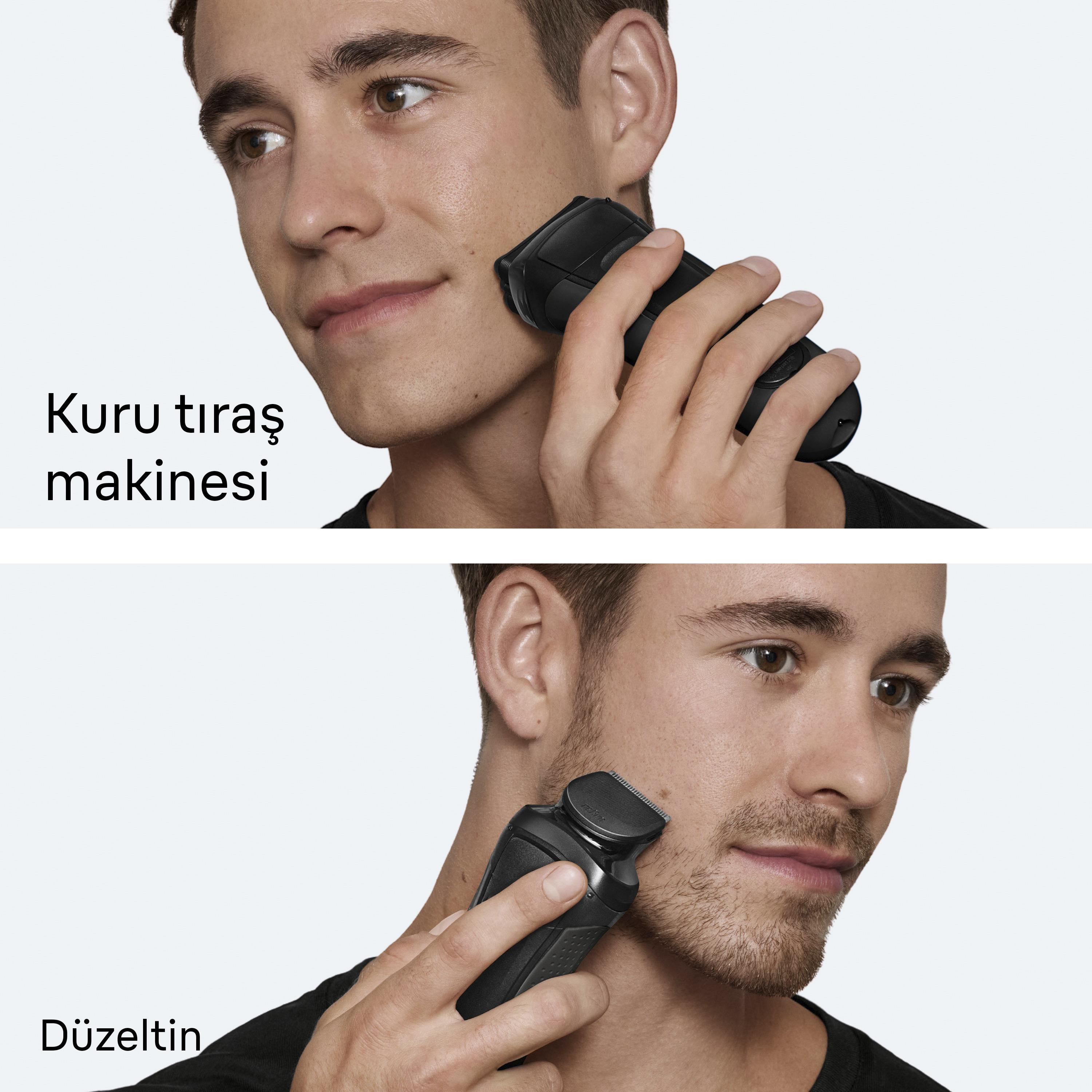 Mann rasiert sich mit schwarzem Elektrorasierer im Gesicht.