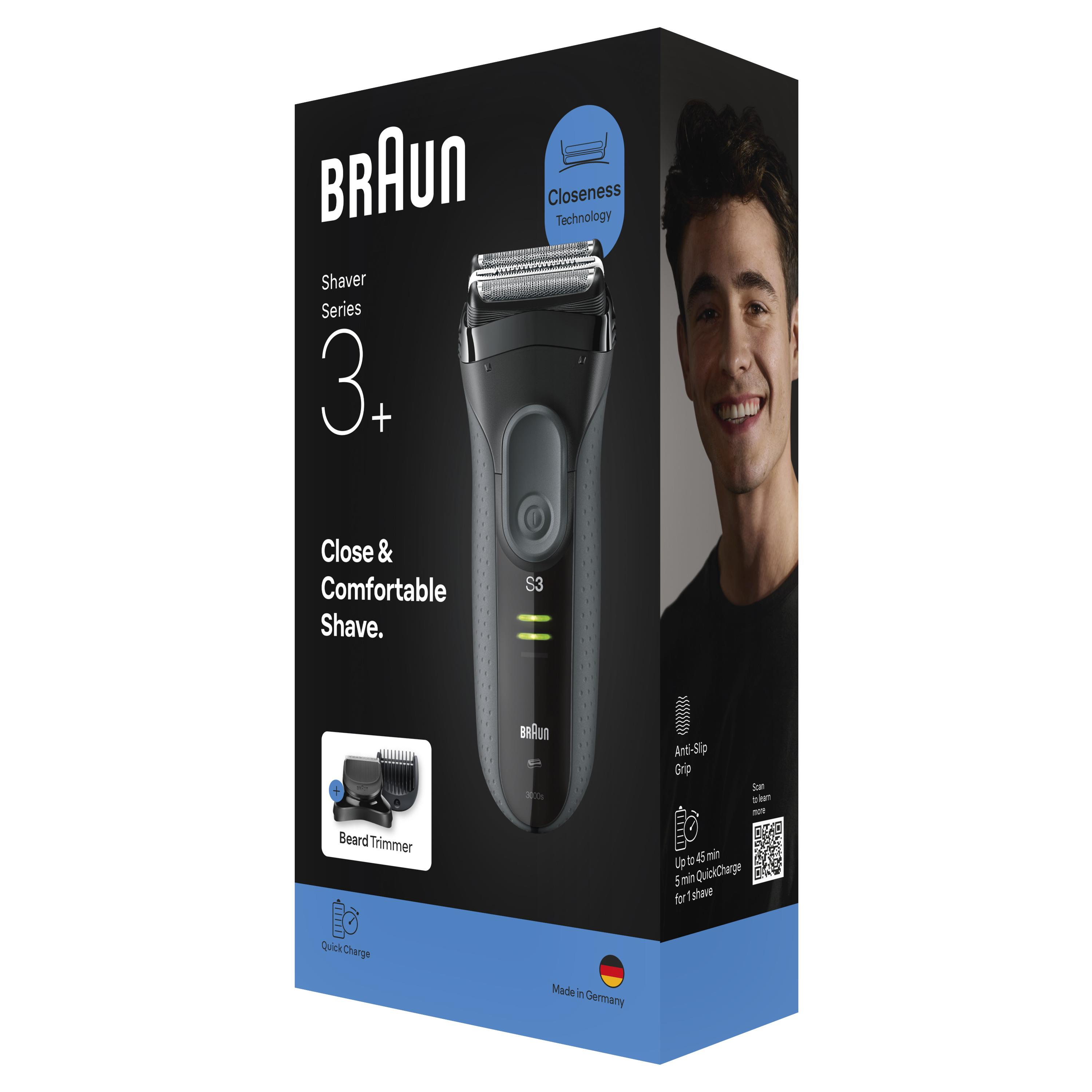 Braun Series 3 Rasierer mit Barttrimmer, Nahaufnahme und Mann im Profil.