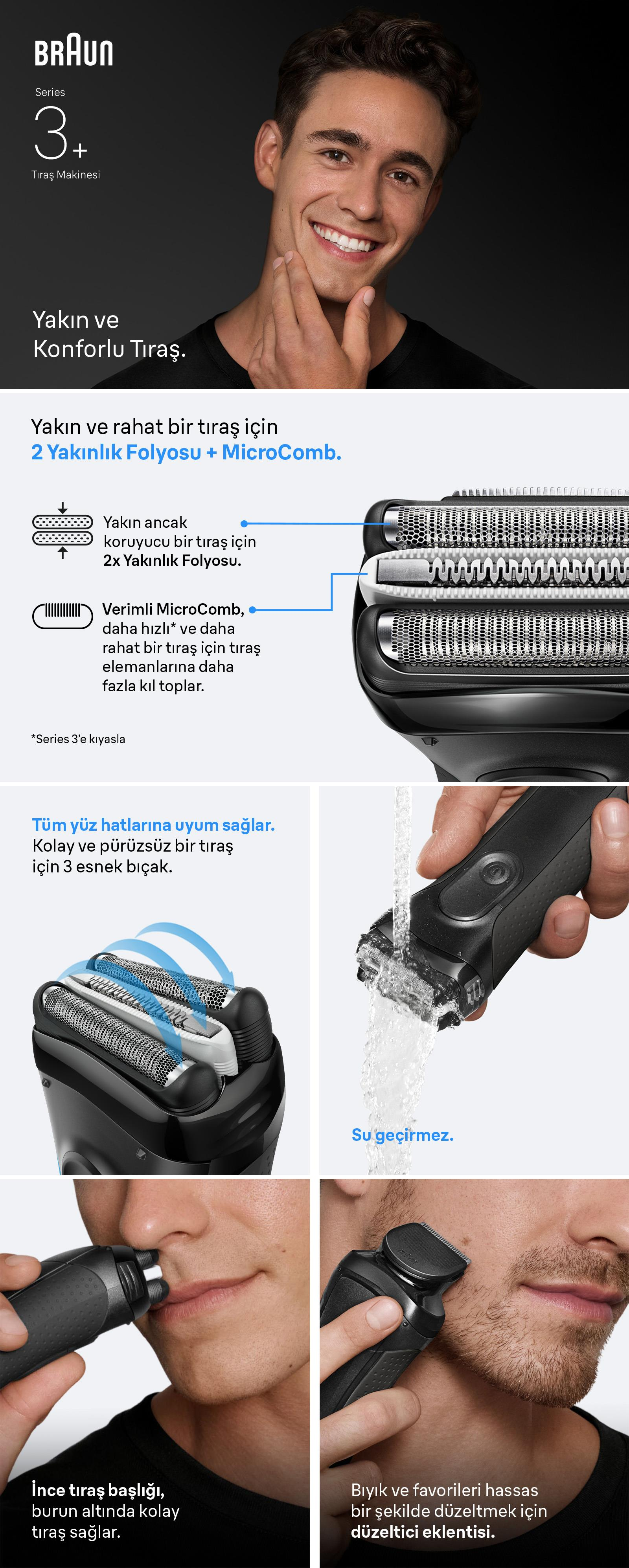 Ein Mann rasiert sich mit einem Braun Series 3+ Rasierer. Details des Rasierers werden gezeigt.