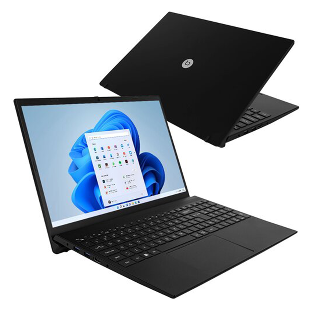 Dwa czarne laptopy na białym tle. Jeden jest otwarty, pokazując ekran.