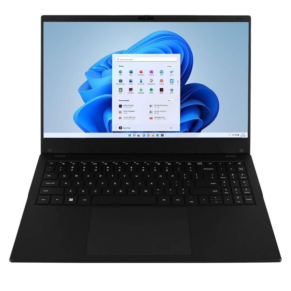 Czarny laptop z otwartym menu Start systemu Windows 11 i niebieską grafiką tła.