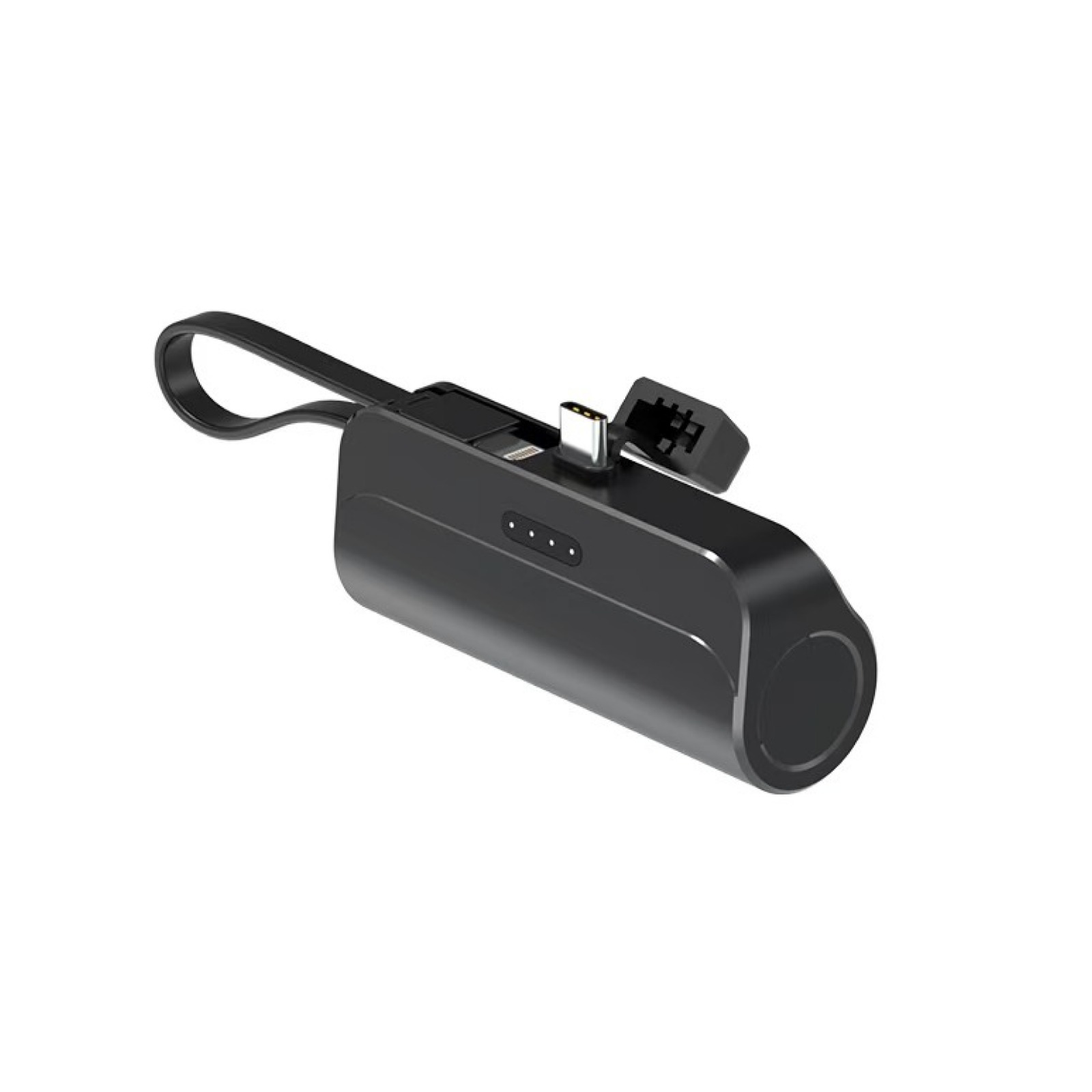Siyah USB-C adaptörü, kordonlu ve üç şarj göstergeli.