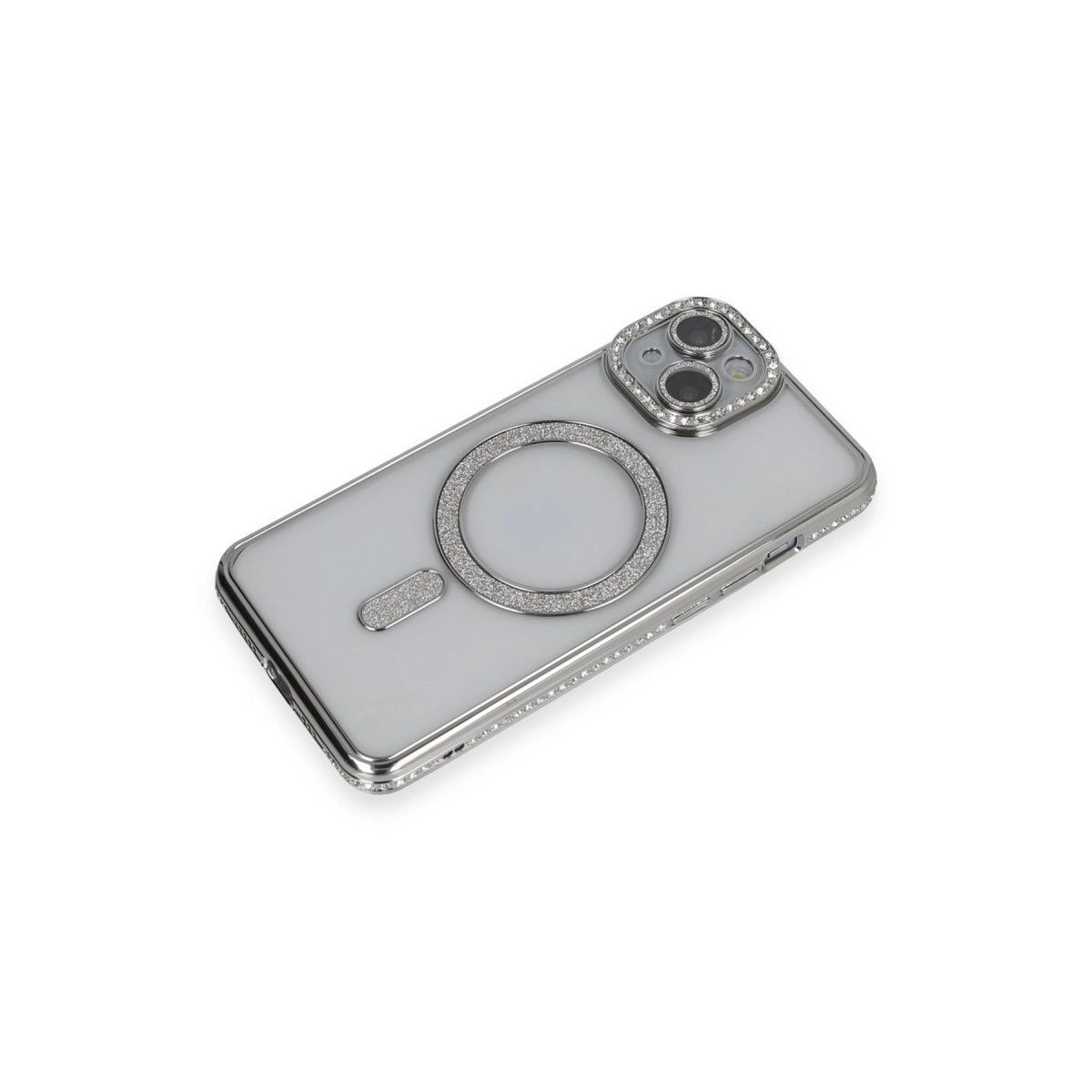 Simli ve lens detaylı gümüş telefon kılıfı.