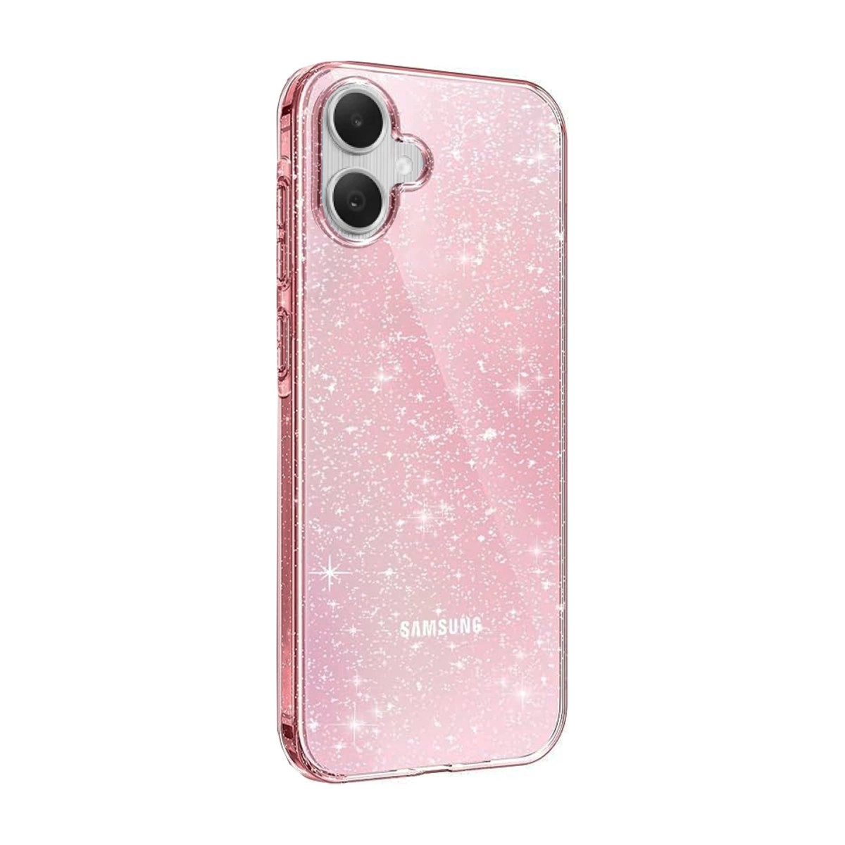 İki kameralı, parlak, şeffaf pembe telefon kılıfı.