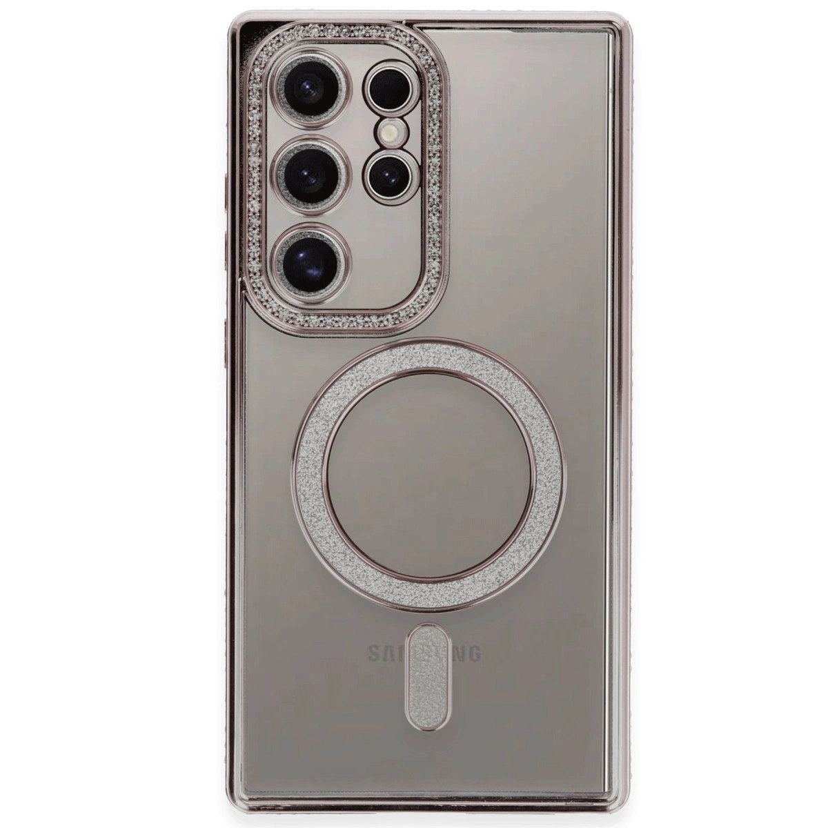 Kameralı ve halkalı, ışıltılı bir telefon kılıfı.