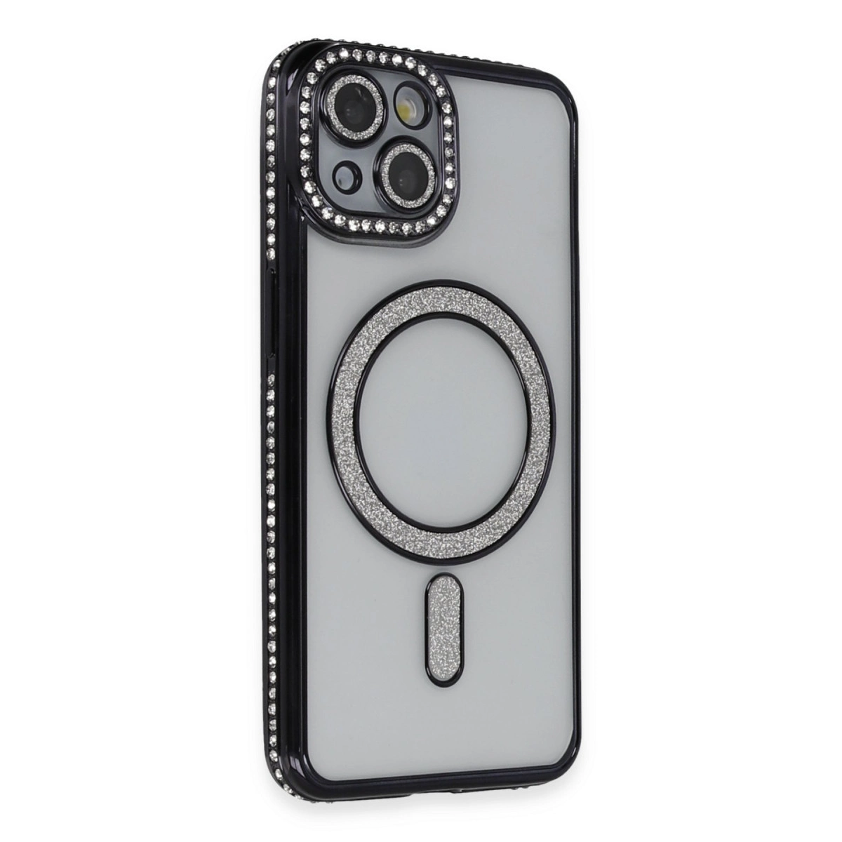 Taşlı, kameralı ve manyetik halkalı iPhone kılıfı.