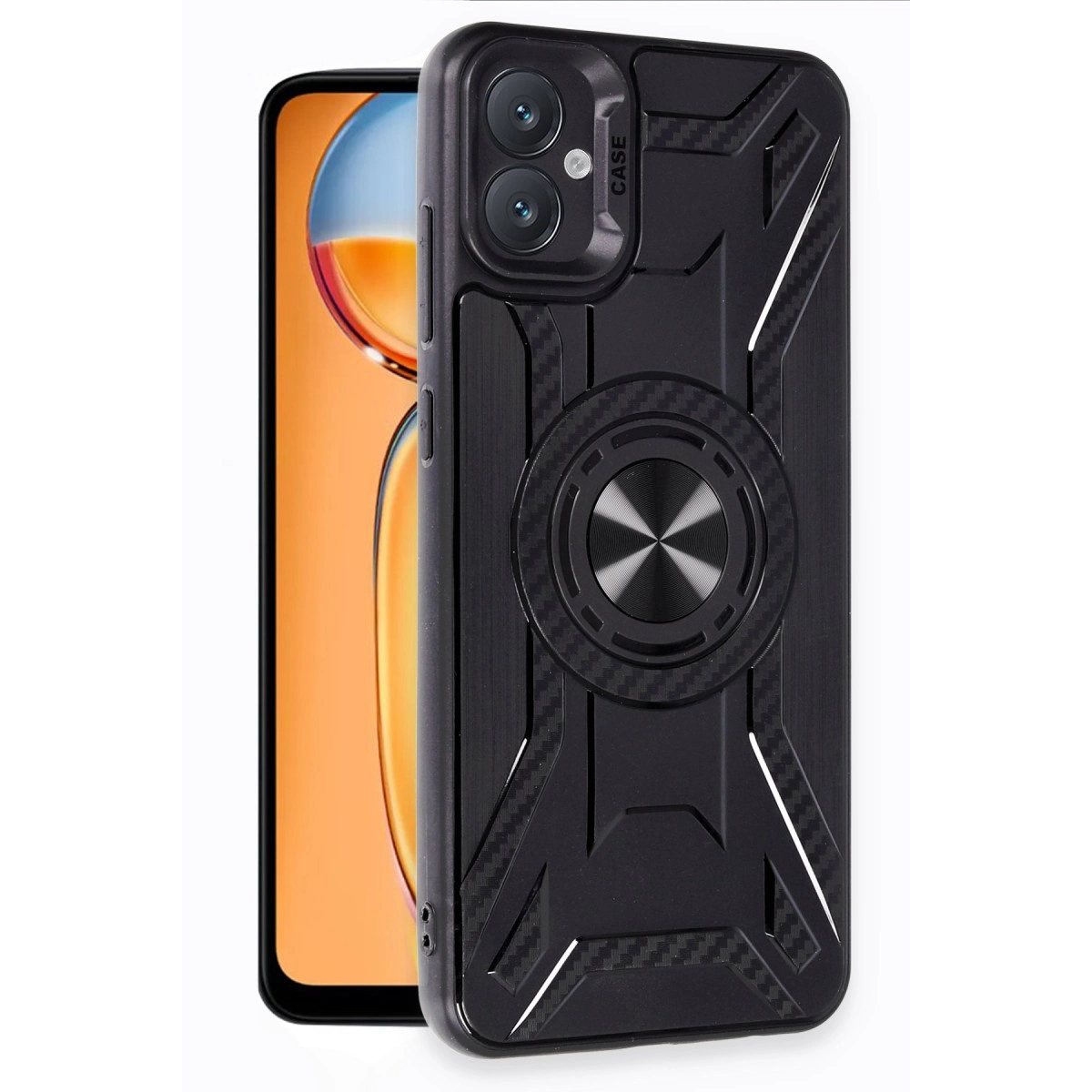Arkada halka tutamaklı ve çift kameralı siyah telefon.