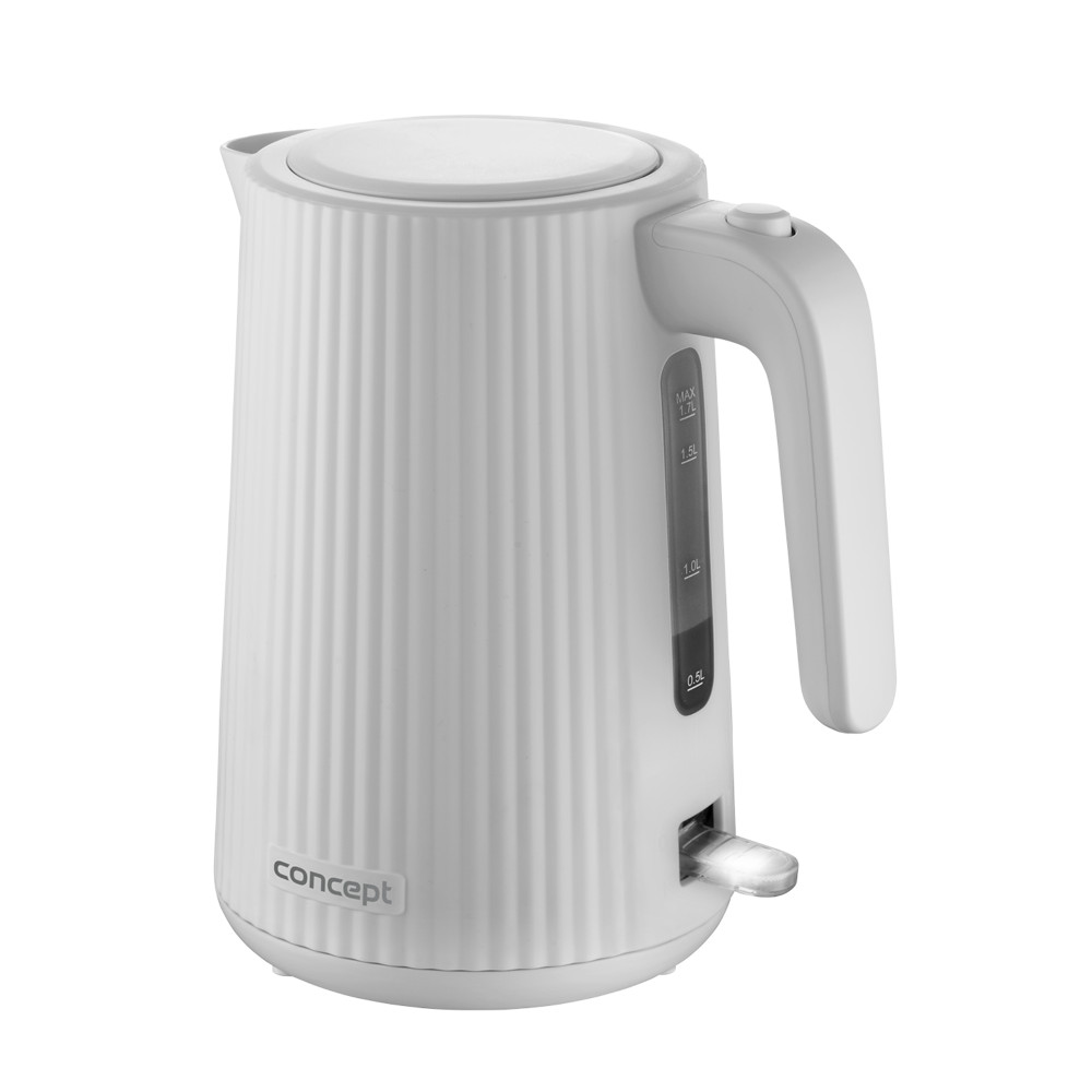Biały, prążkowany czajnik elektryczny z uchwytem i wskaźnikiem poziomu wody.